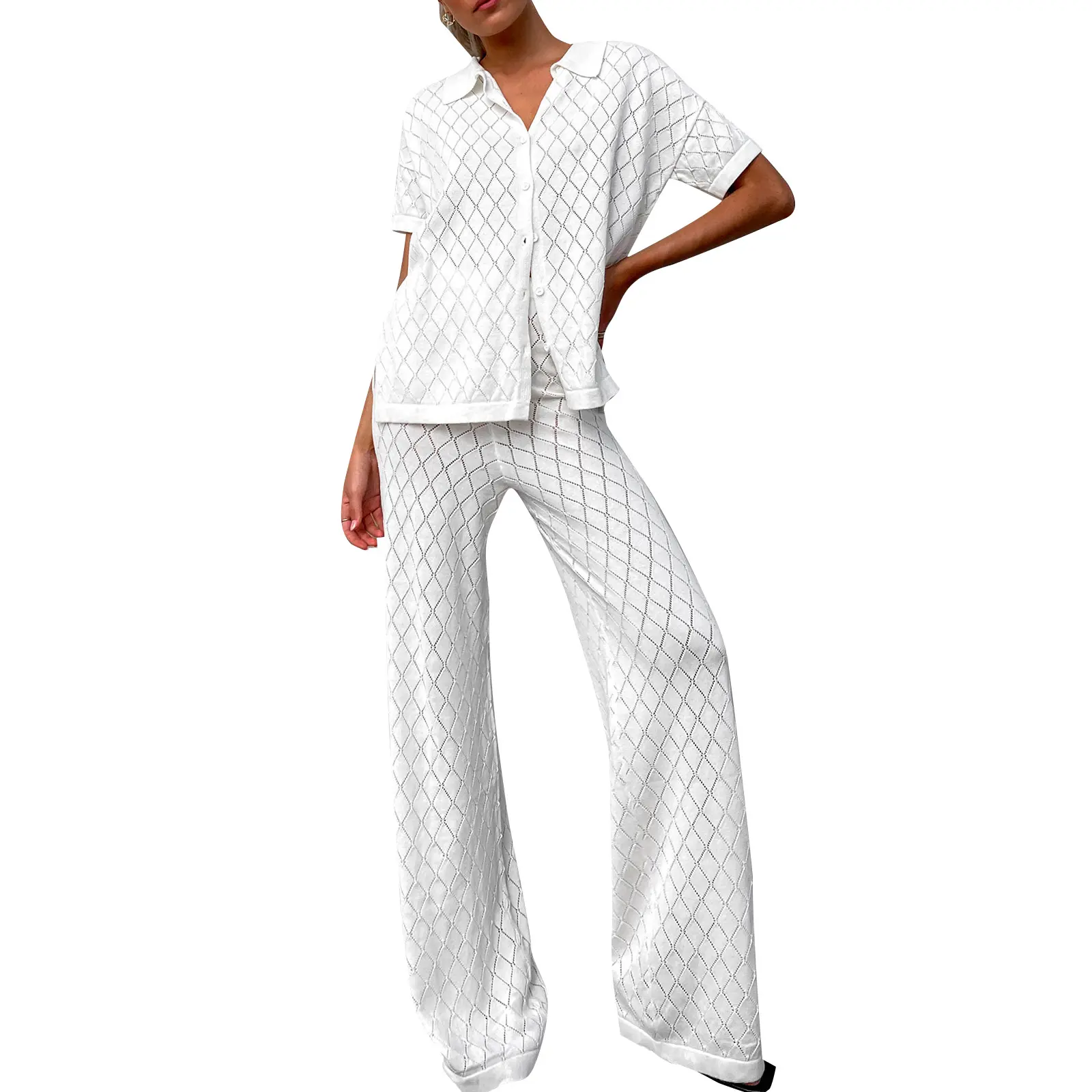 Women Summer 2 Piece Outfits Plaid Short Sleeve Button down Shirt and High Waist Wide Leg Pants Set Streetwear