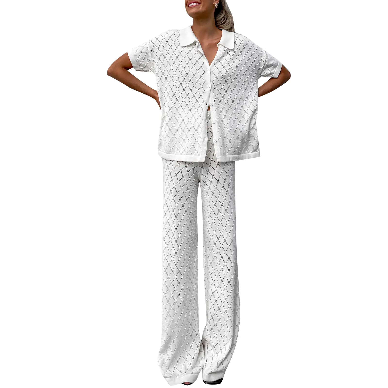 Women Summer 2 Piece Outfits Plaid Short Sleeve Button down Shirt and High Waist Wide Leg Pants Set Streetwear