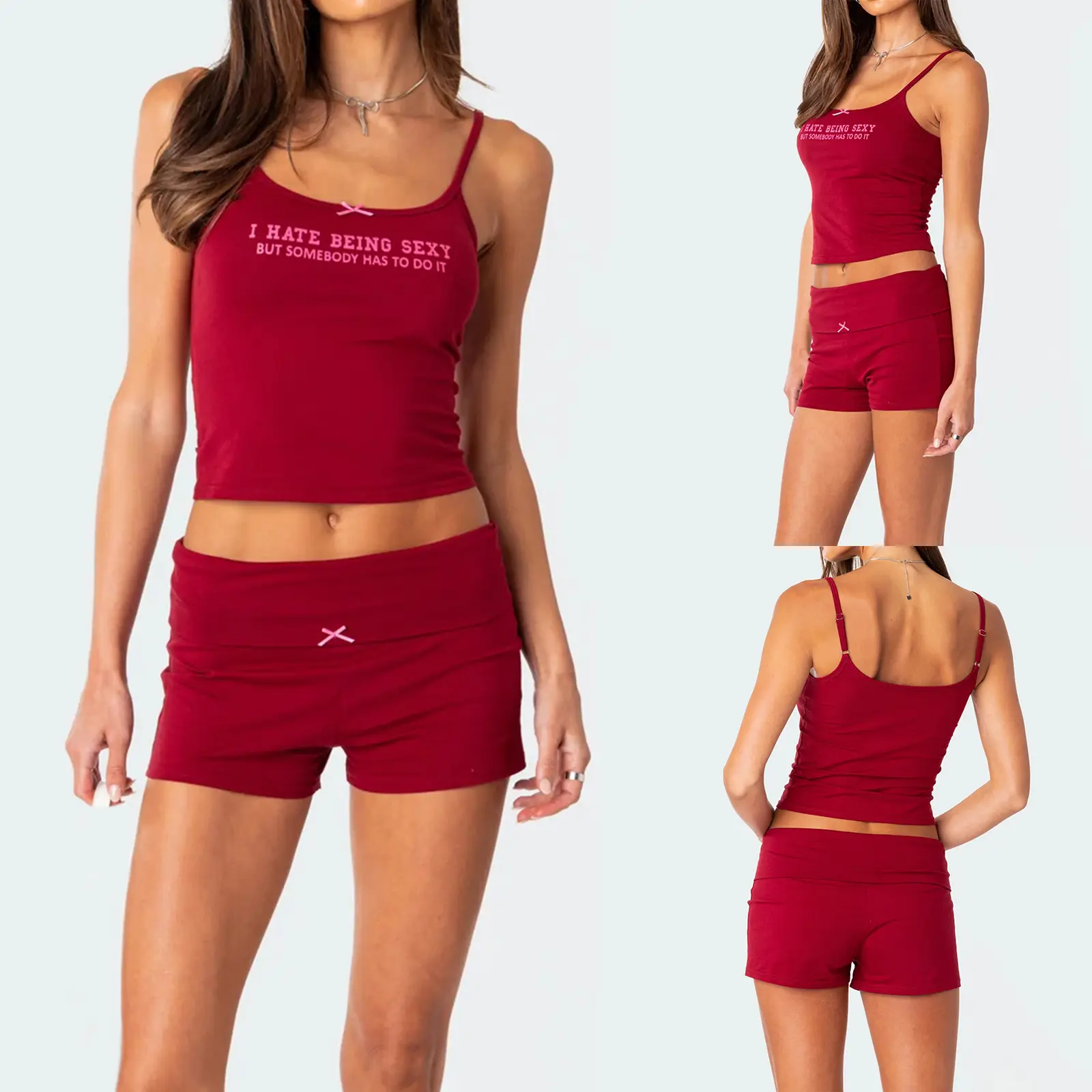 Women's 2 Piece Pajama Set Sleeveless Letter Print Cami Tops Red Casual Shorts Sleepwear Sets