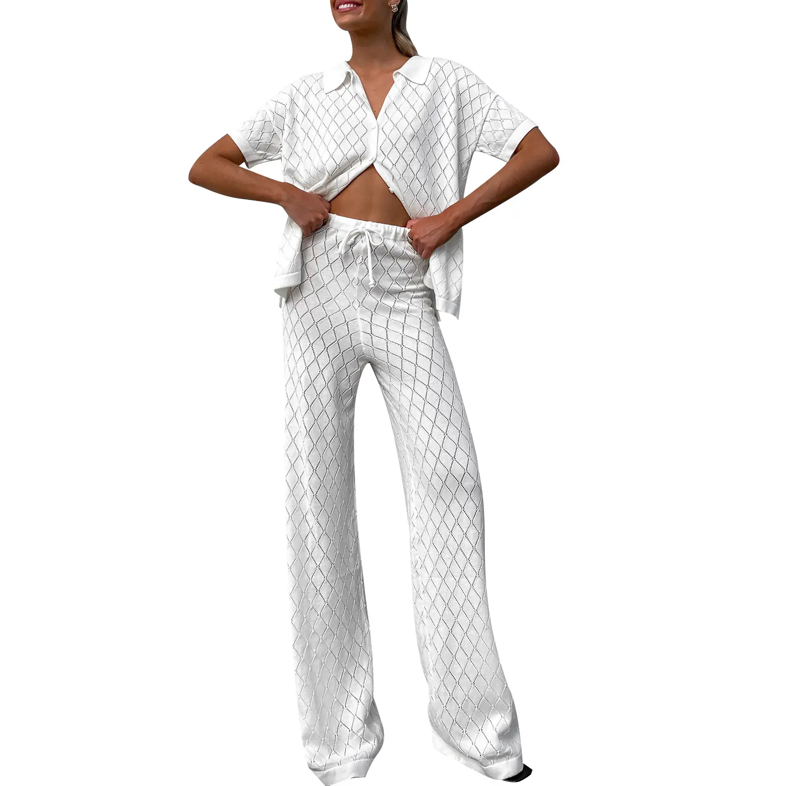 Women Summer 2 Piece Outfits Plaid Short Sleeve Button down Shirt and High Waist Wide Leg Pants Set Streetwear