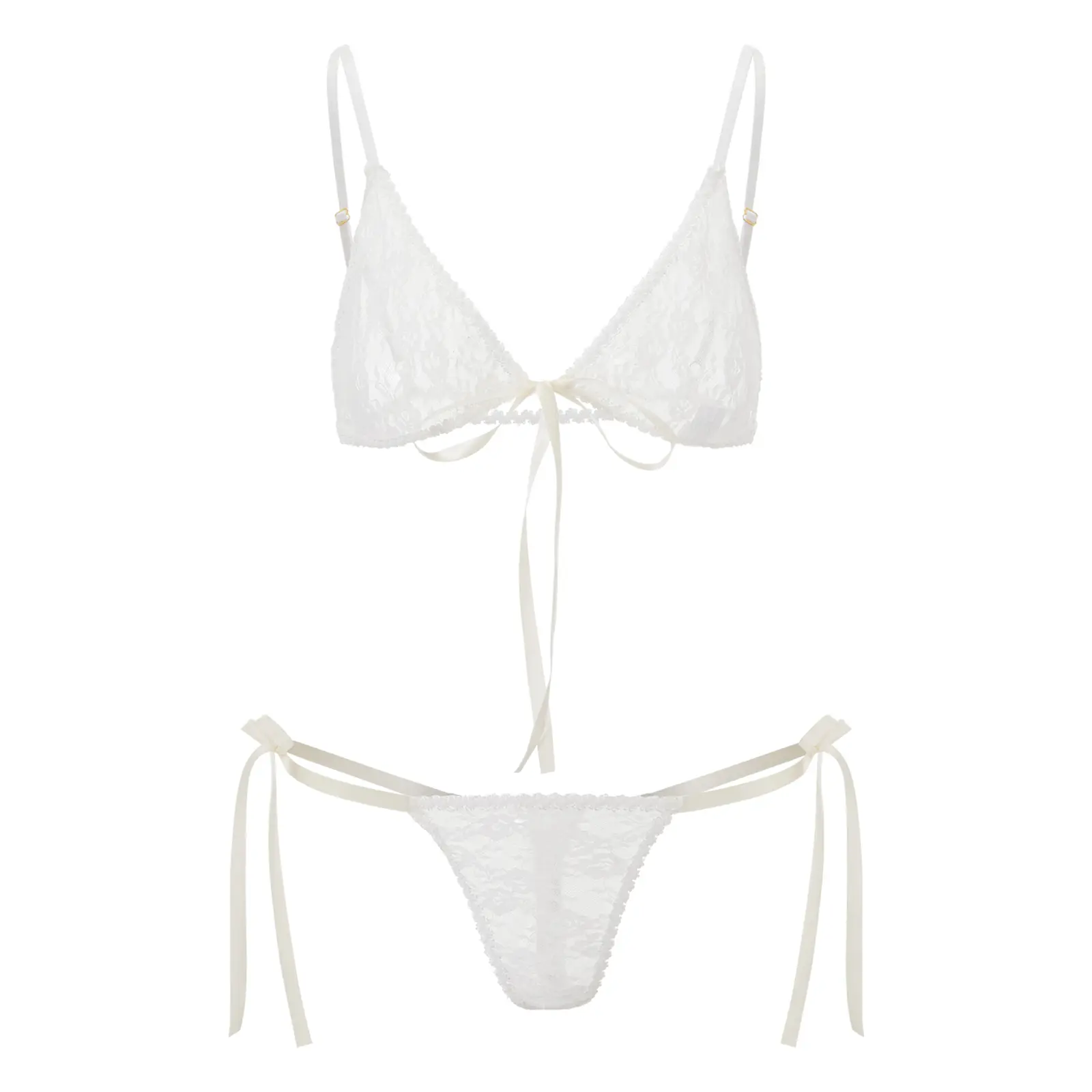 Women's Sheer Lace Lingerie Set Floral Bow Spaghetti Strap Bustier Thong Avidlove Underwear