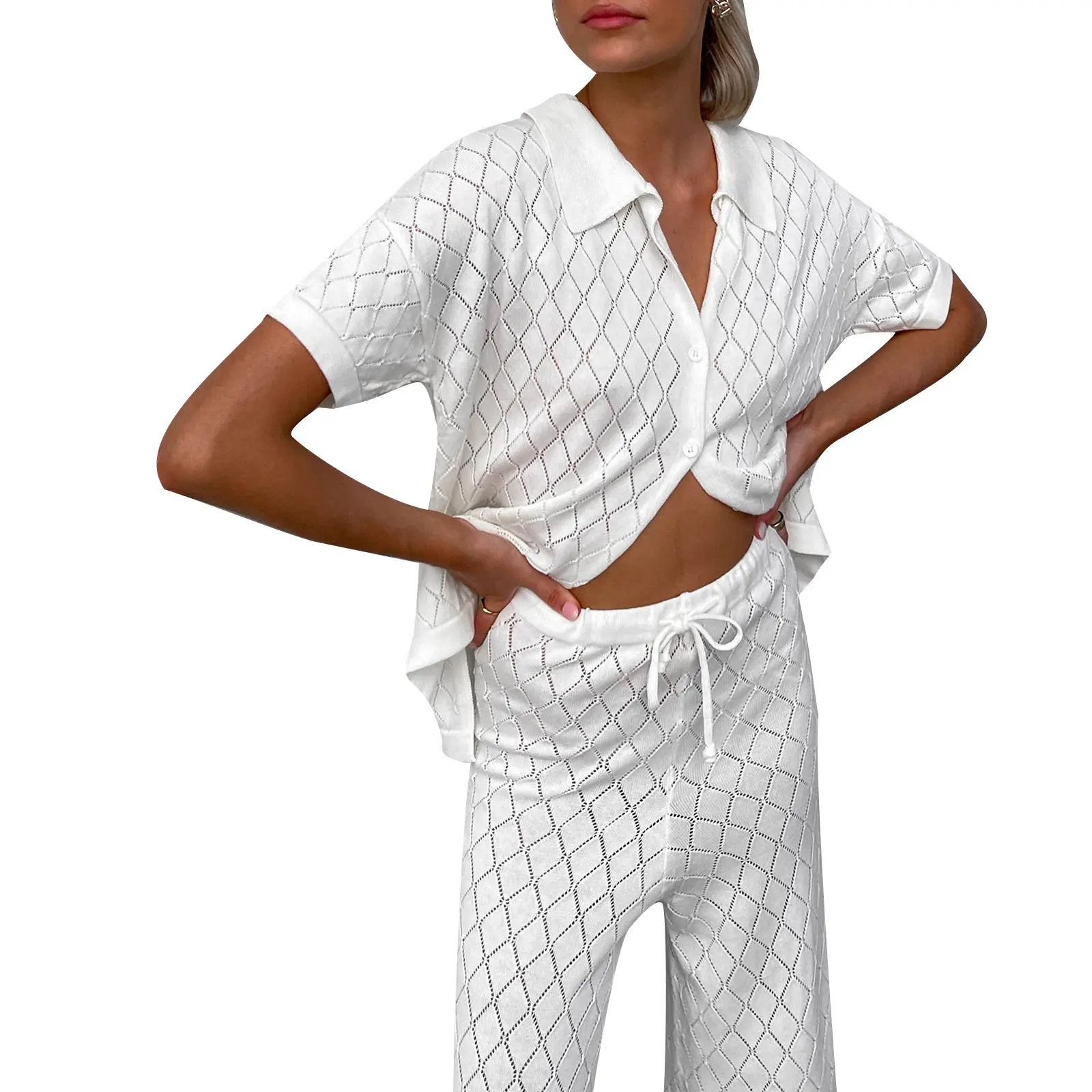 Women Summer 2 Piece Outfits Plaid Short Sleeve Button down Shirt and High Waist Wide Leg Pants Set Streetwear