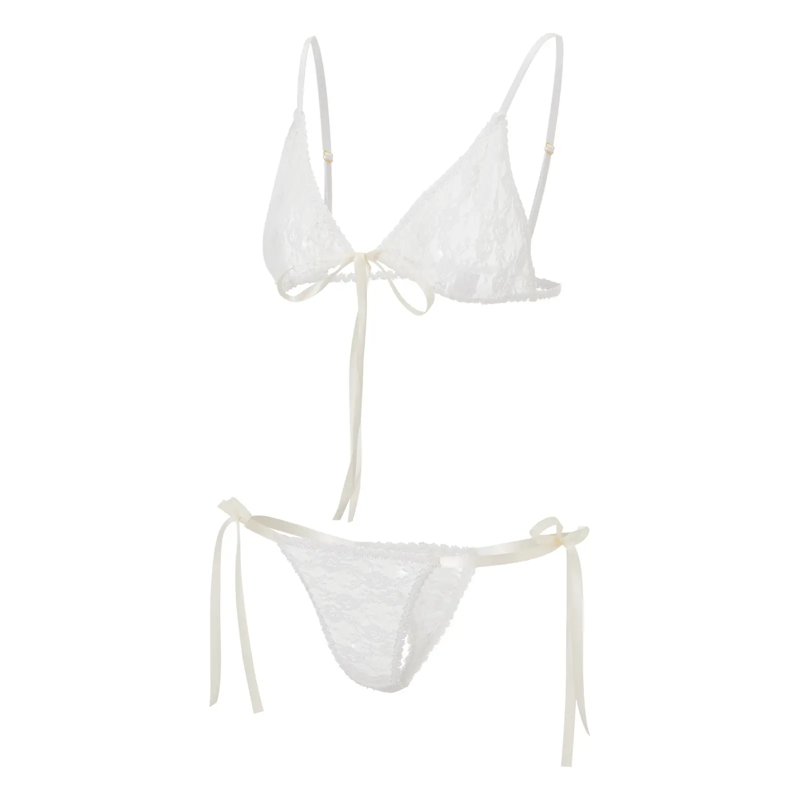 Women's Sheer Lace Lingerie Set Floral Bow Spaghetti Strap Bustier Thong Avidlove Underwear