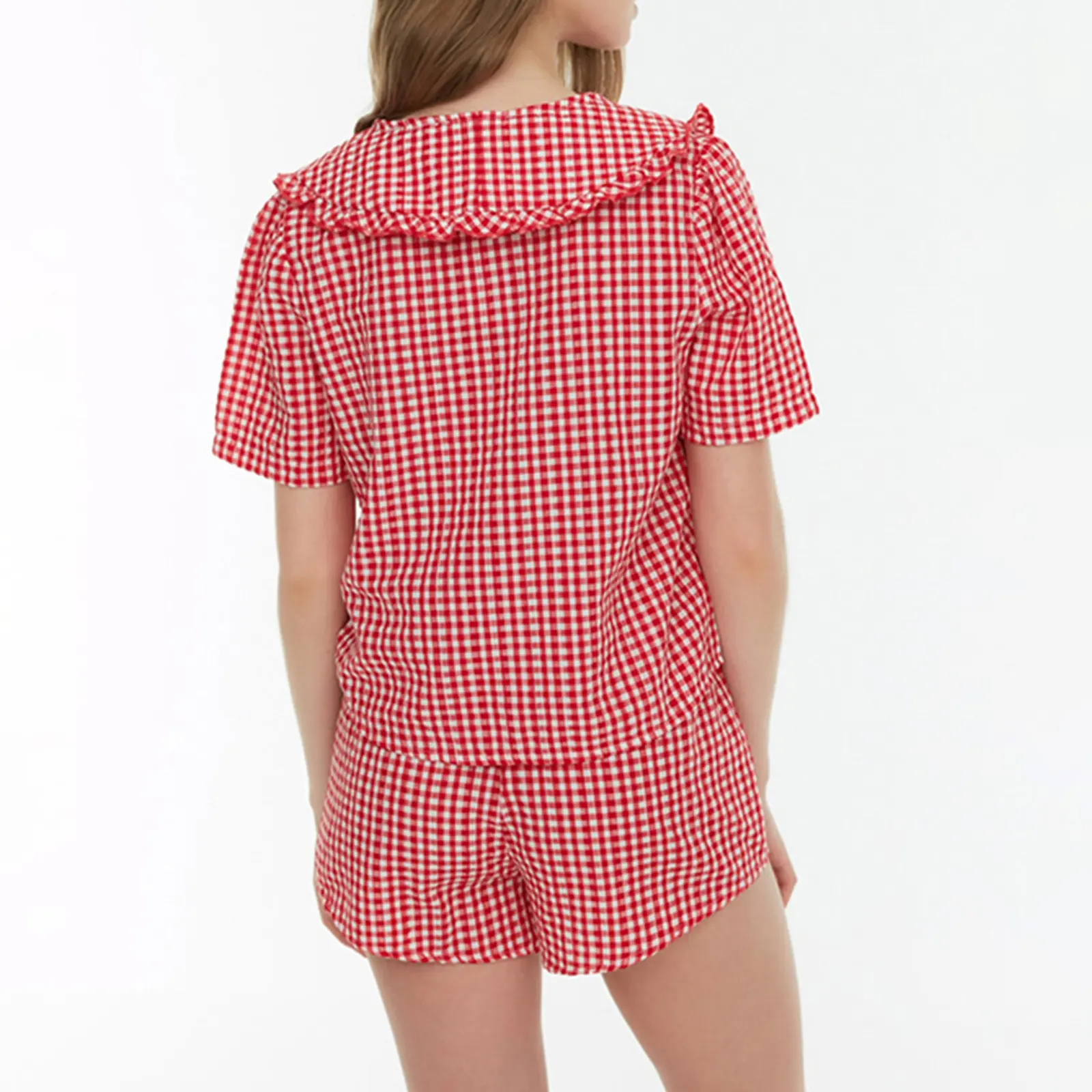 Women Plaid Pajama Set, Short Sleeve Doll Collar Tie-up T-shirt with Shorts Sleepwear Loungewear