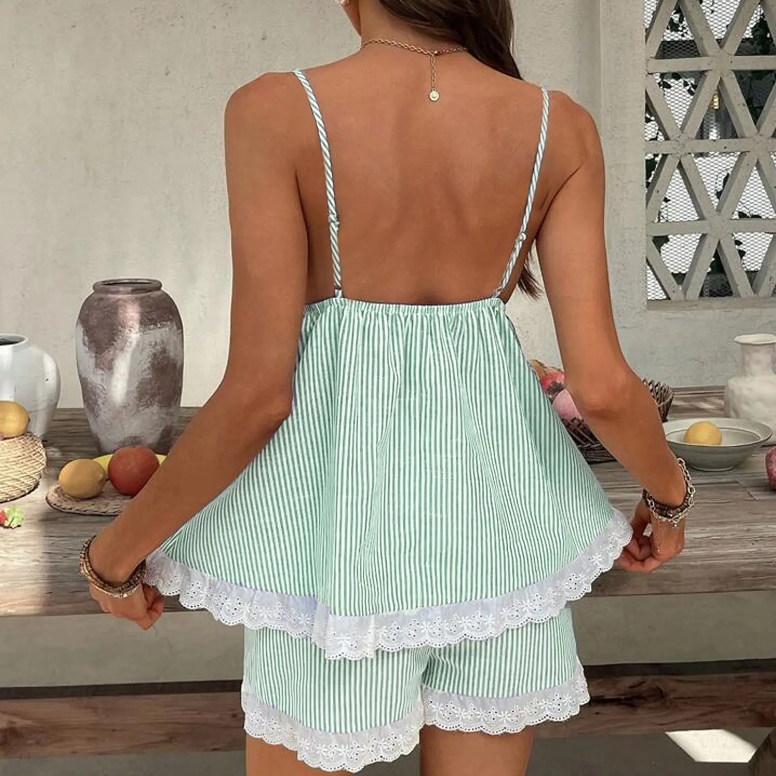 Women Pajama Set, Stripes Lace Patchwork Sleeveless Camisole with Shorts Sleepwear Loungewear