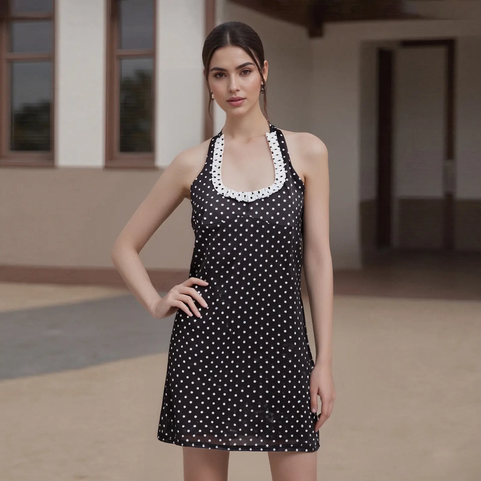 Women Chemise Nightdress Dot Print Tie-Up Halter Neck Sleeveless Backless Dress Nightgown Sleepwear Slips Nightie