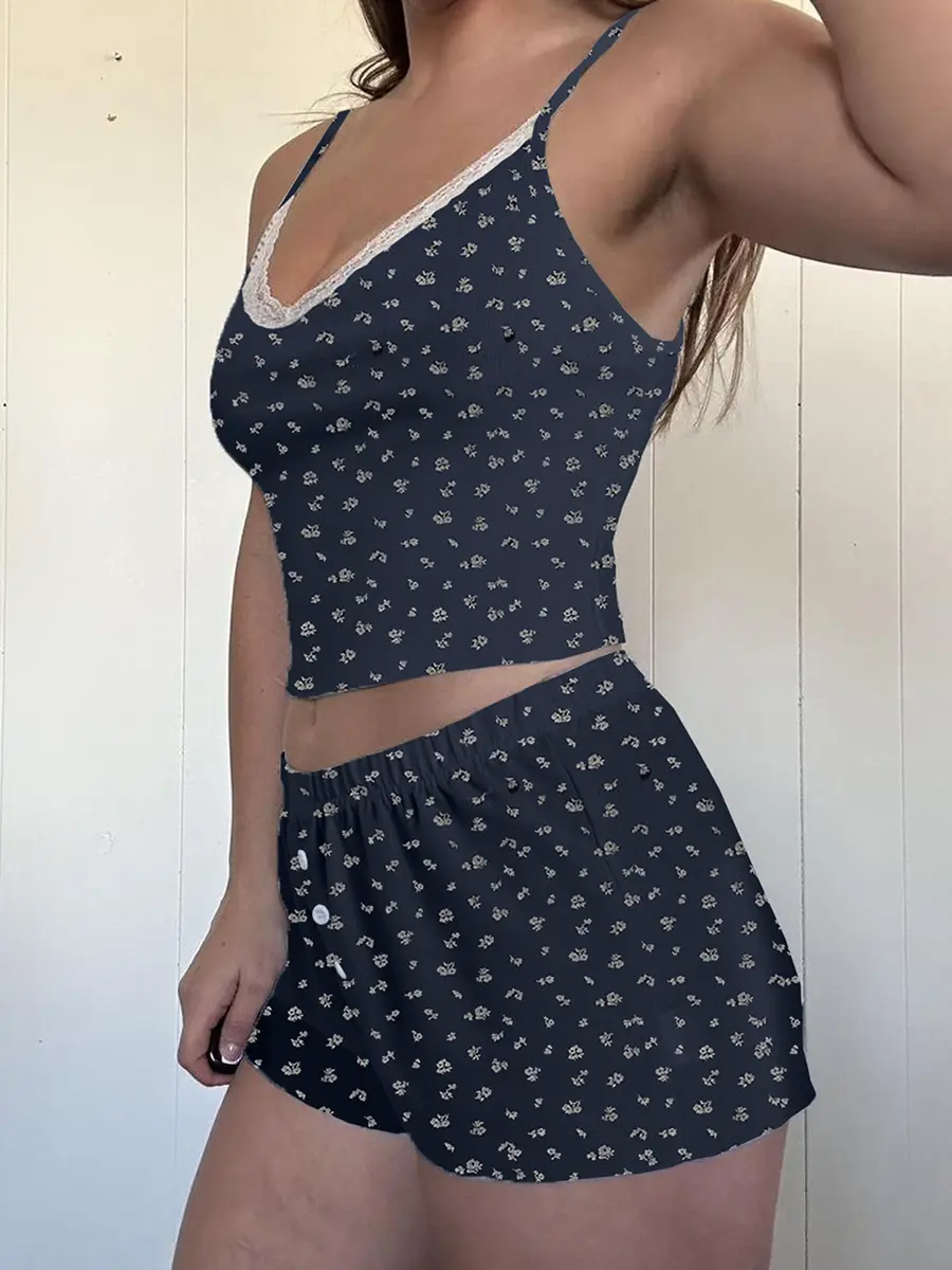 Women’s Casual 2 Piece Outfits Sleeveless Lace Trim V Neck Cami Tops + Shorts Set Loungewear