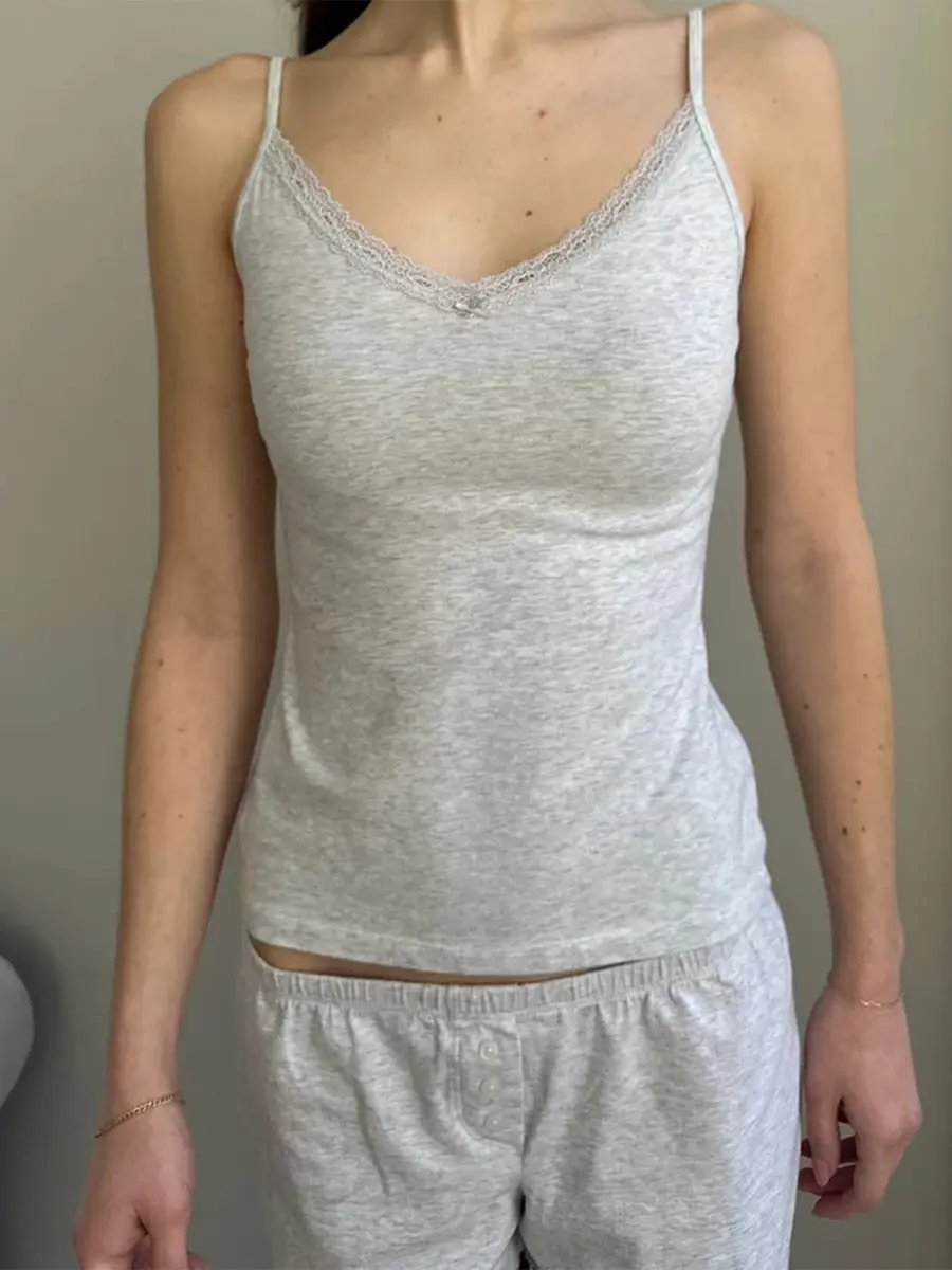 Women’s Casual 2 Piece Outfits Sleeveless Lace Trim V Neck Cami Tops + Shorts Set Loungewear