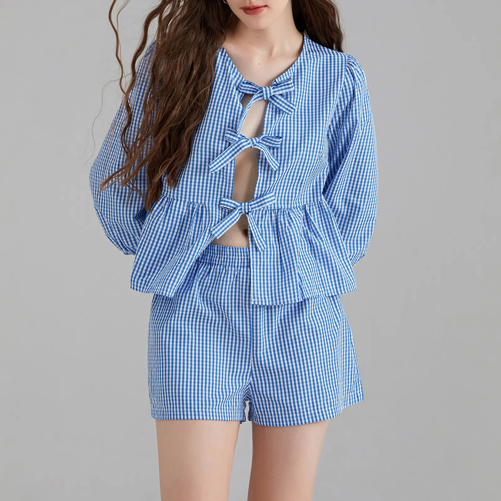 Women's 2 Piece Beach Outfits Puff Sleeve Bow Tie Front Babydoll Tops Wide Leg Shorts Sets