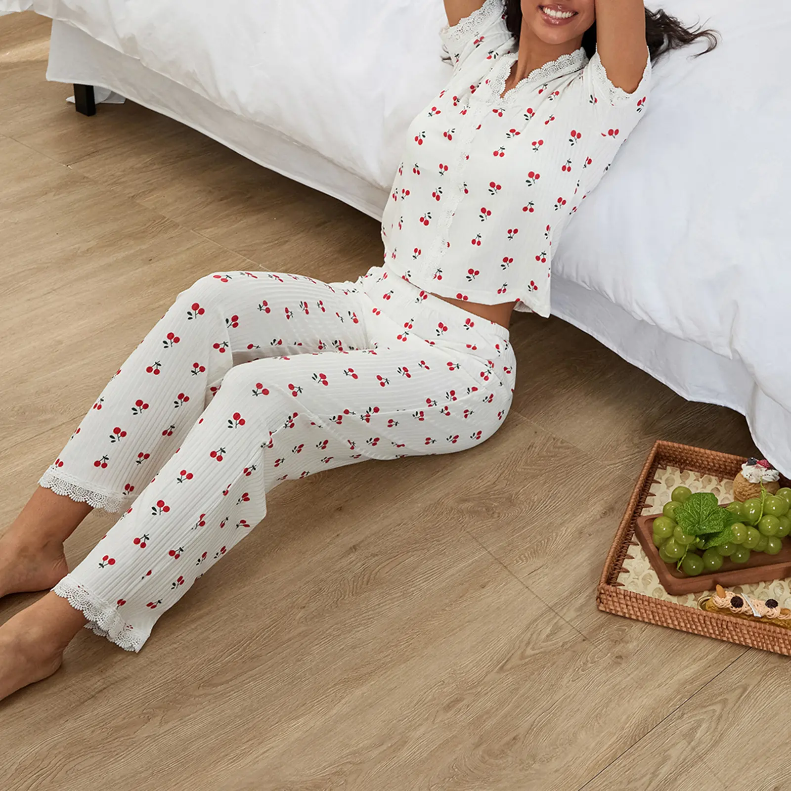 Women Pajama Set, Cherry Print Lace Trim Short Sleeve V-neck T-shirt with Pants Sleepwear Loungewear
