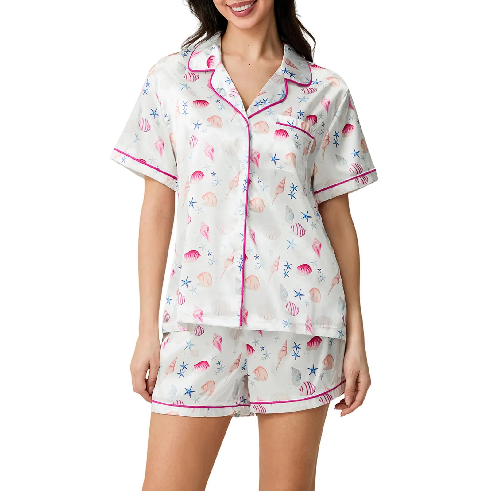 Mommy and Me Matching Pajamas Sea Shell Print Short Sleeve Sleeve Tops and Shorts Set Family Summer Matching Sleepwear