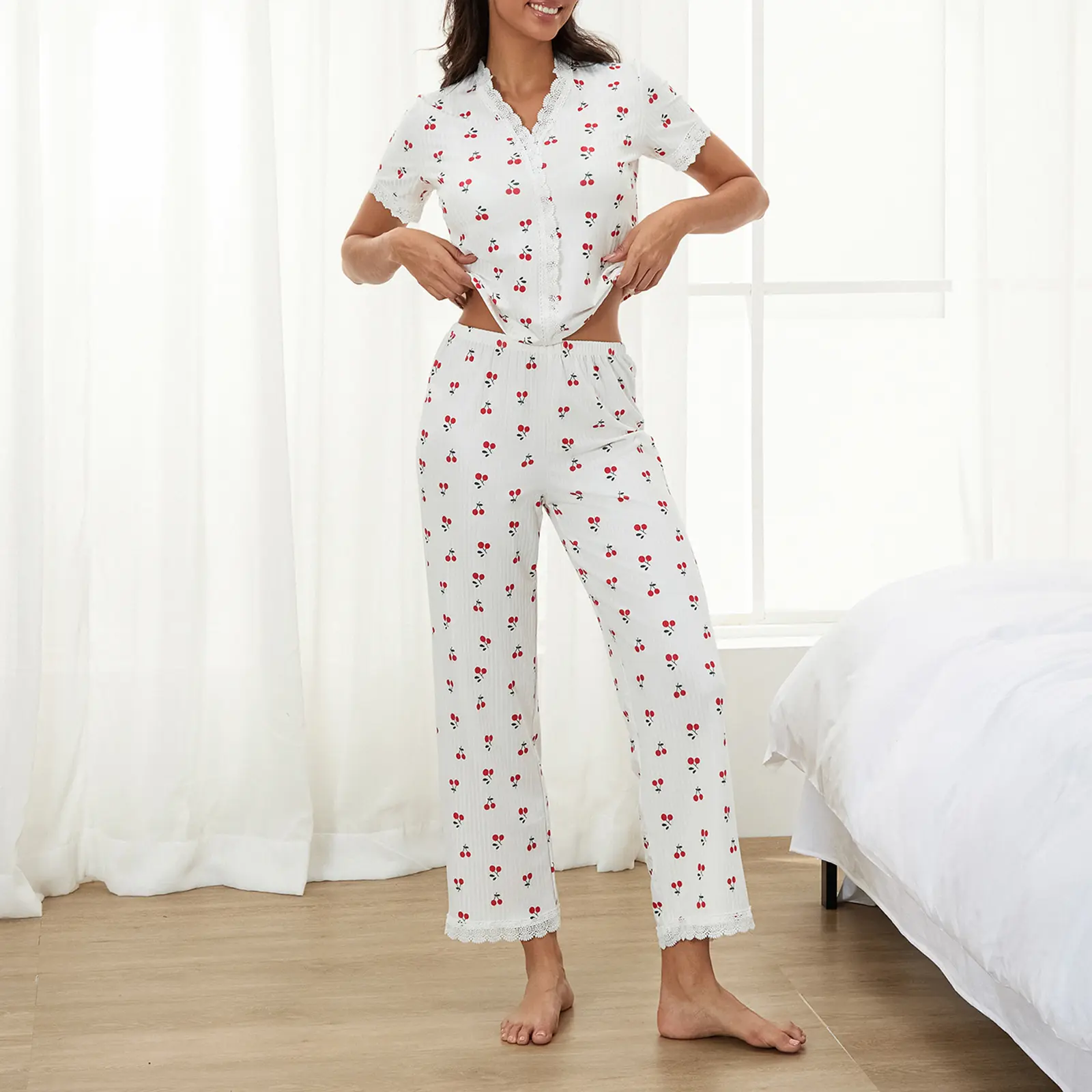 Women Pajama Set, Cherry Print Lace Trim Short Sleeve V-neck T-shirt with Pants Sleepwear Loungewear