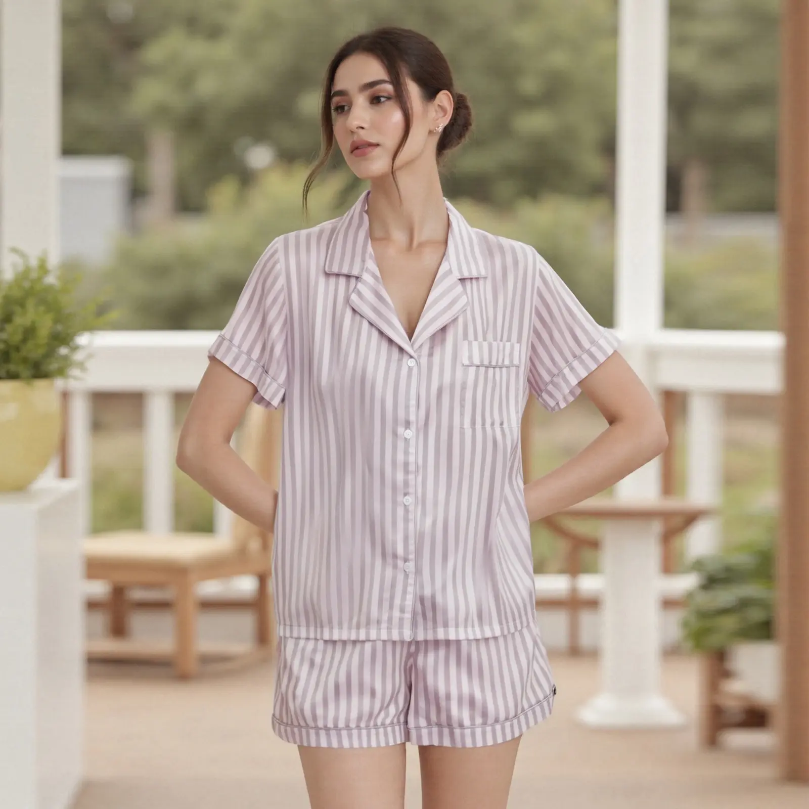 Women's Summer Satin Loungewear Set Stripe Print Short Sleeve Lapel Tops with Elastic Waist Shorts Sleepwear