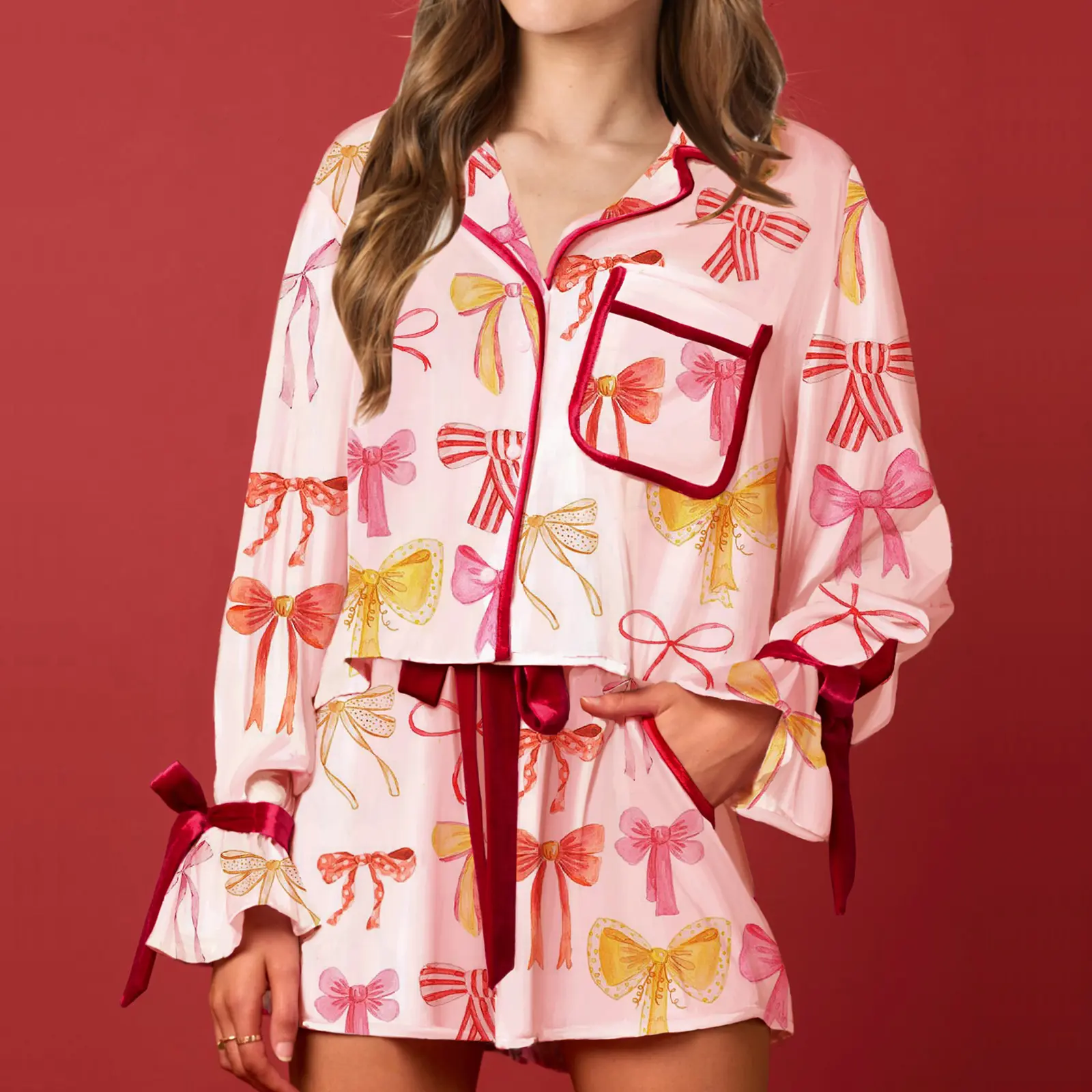 Women's Summer Loungewear Set Bow/Heart/Stripe Print Long Sleeve Lapel Tops with Drawstring Shorts Sleepwear