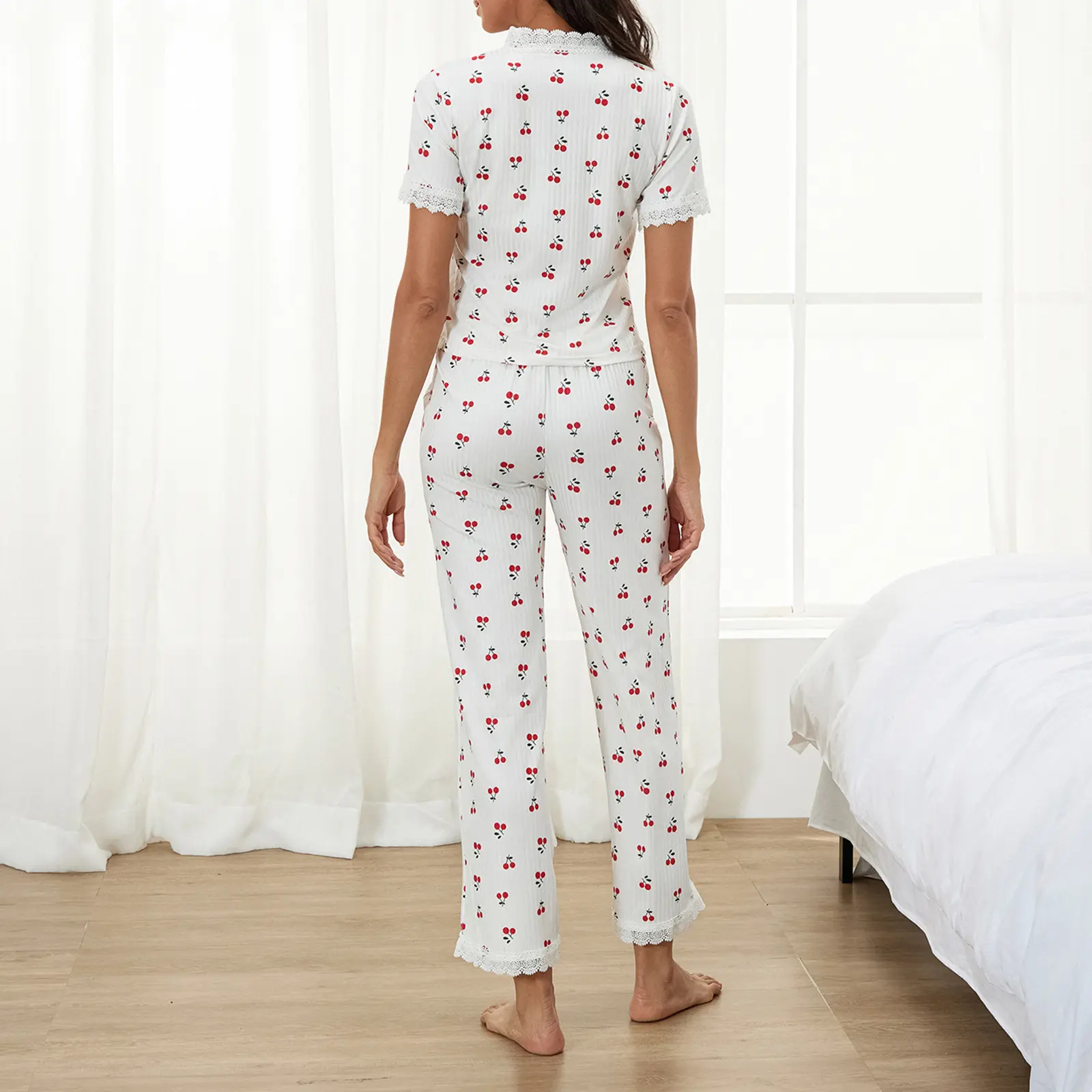 Women Pajama Set, Cherry Print Lace Trim Short Sleeve V-neck T-shirt with Pants Sleepwear Loungewear