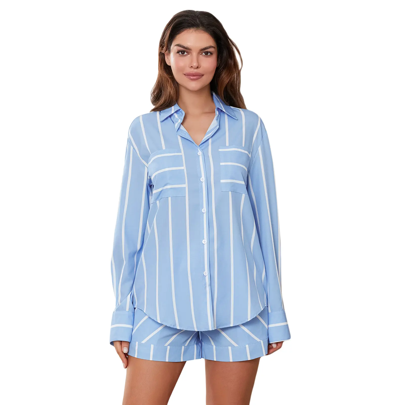 Women’s 2 Piece Spring Casual Outfits Long Sleeve Striped Print Button Down Shirt + Shorts Set Loungewear