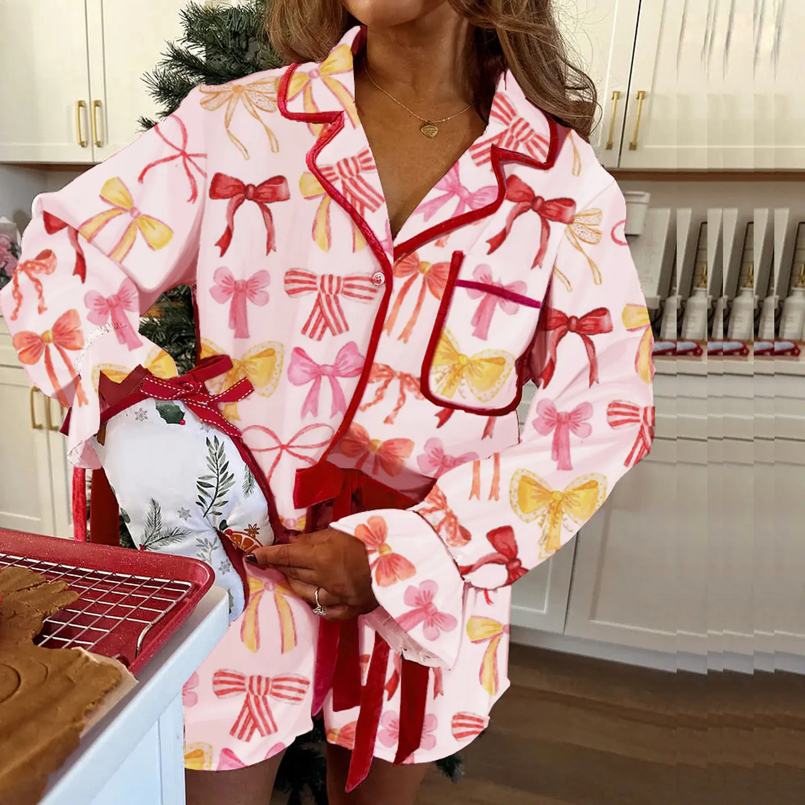 Women's Summer Loungewear Set Bow/Heart/Stripe Print Long Sleeve Lapel Tops with Drawstring Shorts Sleepwear