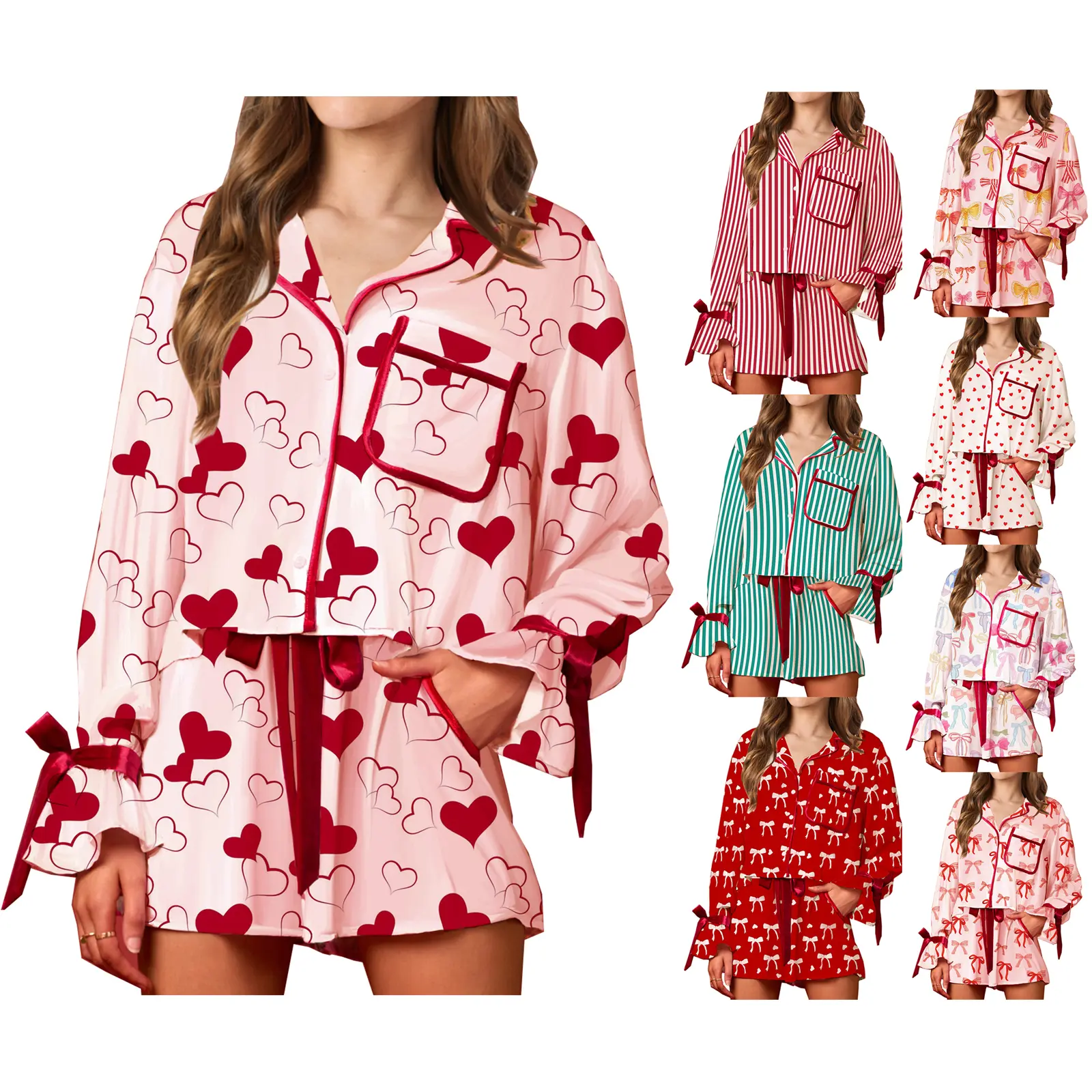 Women's Summer Loungewear Set Bow/Heart/Stripe Print Long Sleeve Lapel Tops with Drawstring Shorts Sleepwear