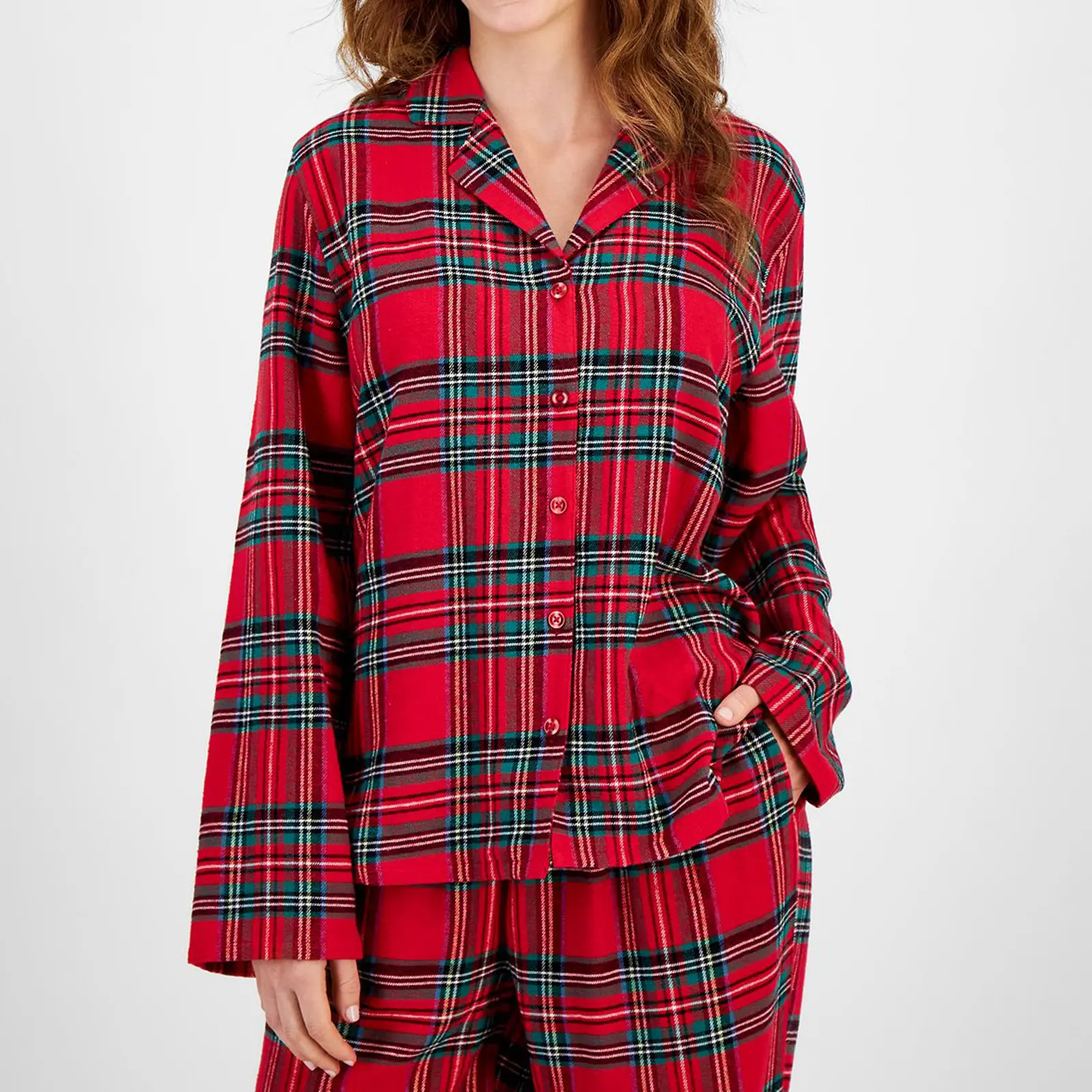 Women's Fall Loungewear Set Plaid Print Long Sleeve Lapel Button Shirt with Elastic Waist Pants 2 Pieces Sleepwear