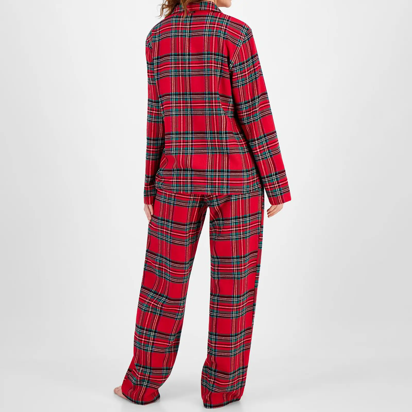 Women's Fall Loungewear Set Plaid Print Long Sleeve Lapel Button Shirt with Elastic Waist Pants 2 Pieces Sleepwear