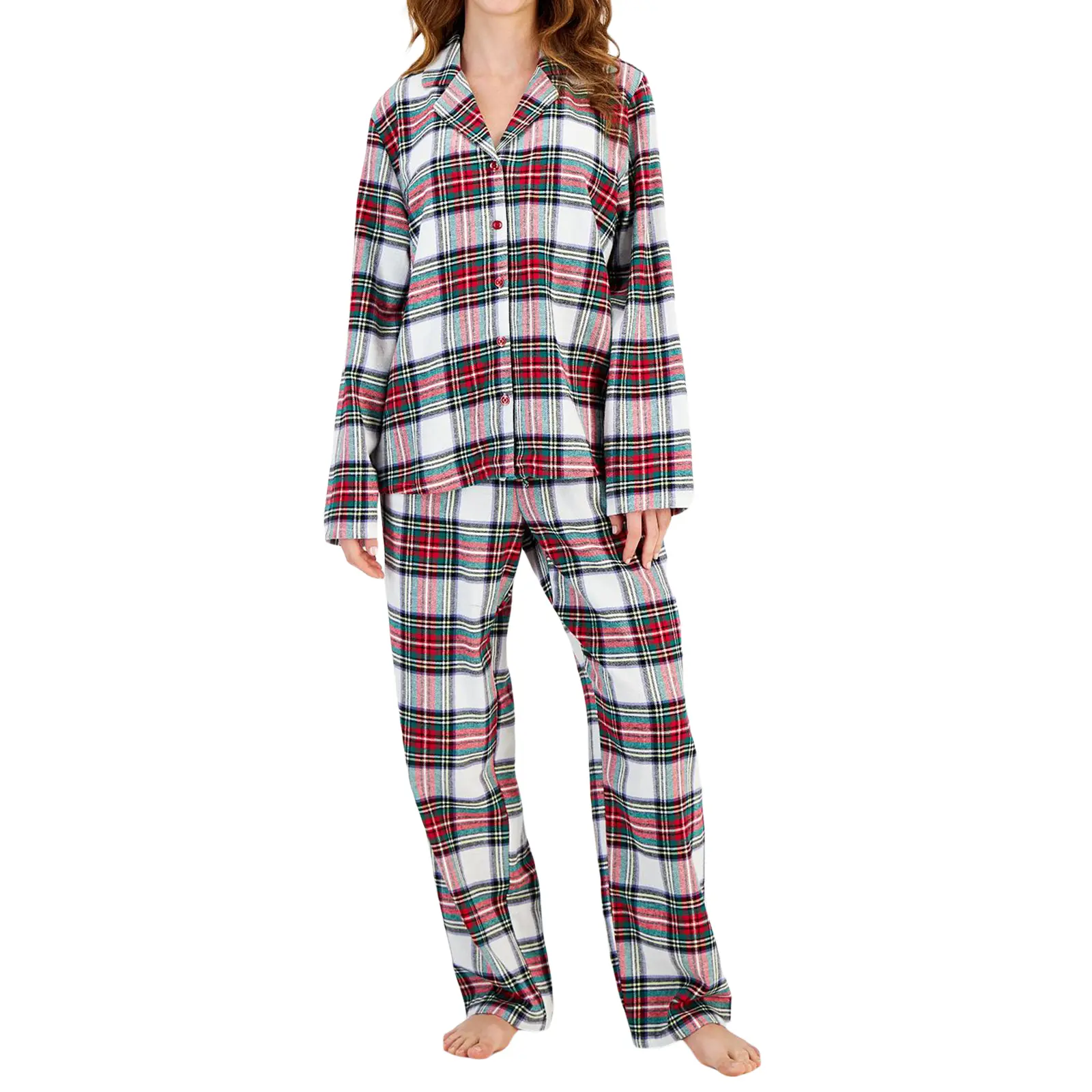 Women's Fall Loungewear Set Plaid Print Long Sleeve Lapel Button Shirt with Elastic Waist Pants 2 Pieces Sleepwear