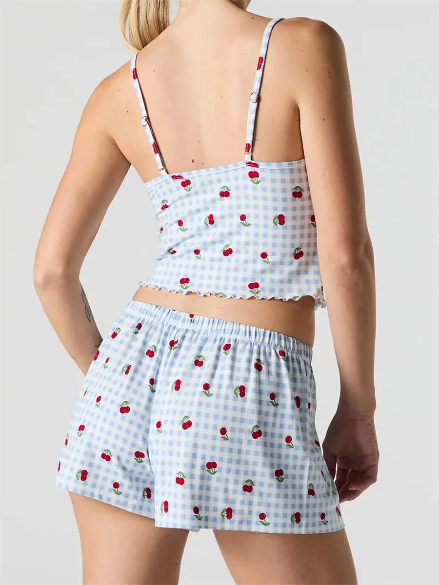 Women's Summer Lounge Set Sleeveless Cheery Plaid Print Tank Tops Drawstring Shorts Sleepwear Sets