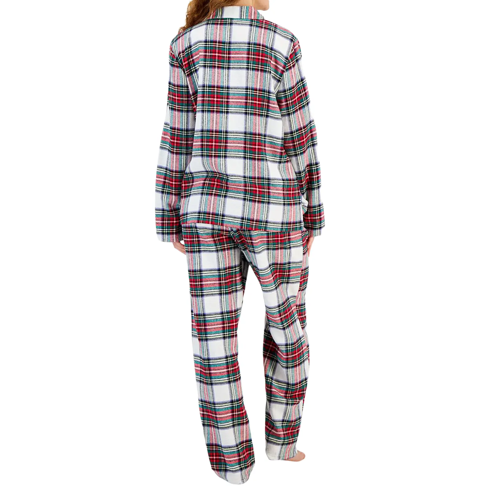 Women's Fall Loungewear Set Plaid Print Long Sleeve Lapel Button Shirt with Elastic Waist Pants 2 Pieces Sleepwear