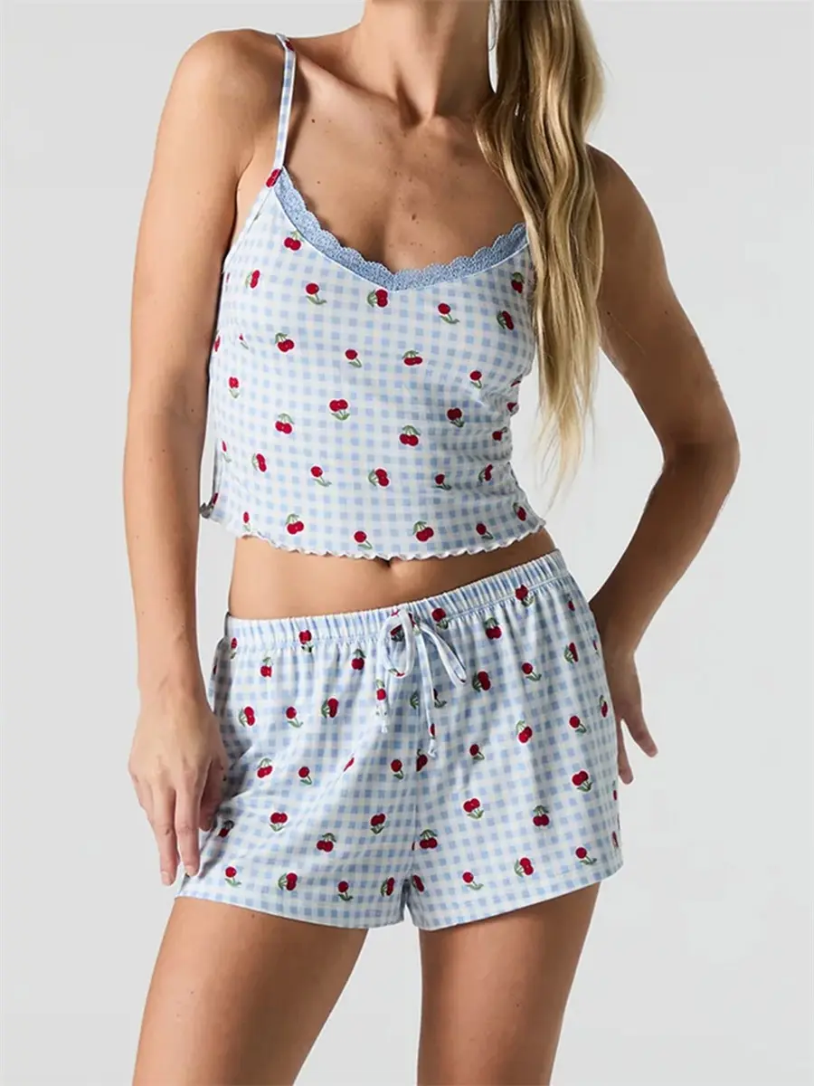 Women's Summer Lounge Set Sleeveless Cheery Plaid Print Tank Tops Drawstring Shorts Sleepwear Sets