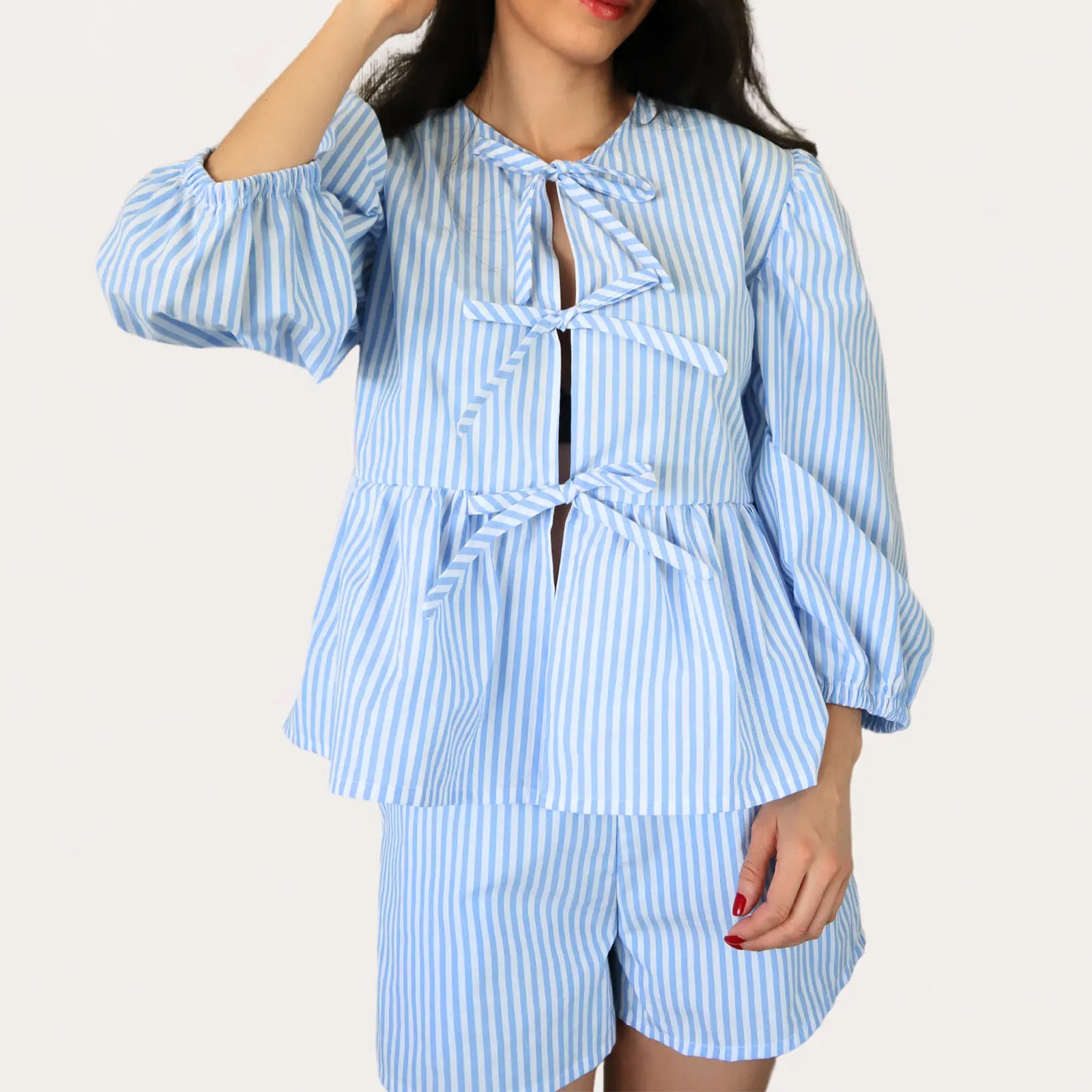 Women Shorts Set, 3/4 Sleeve Tie-up T-shirt with Elastic Waist Shorts Striped Summer Outfit