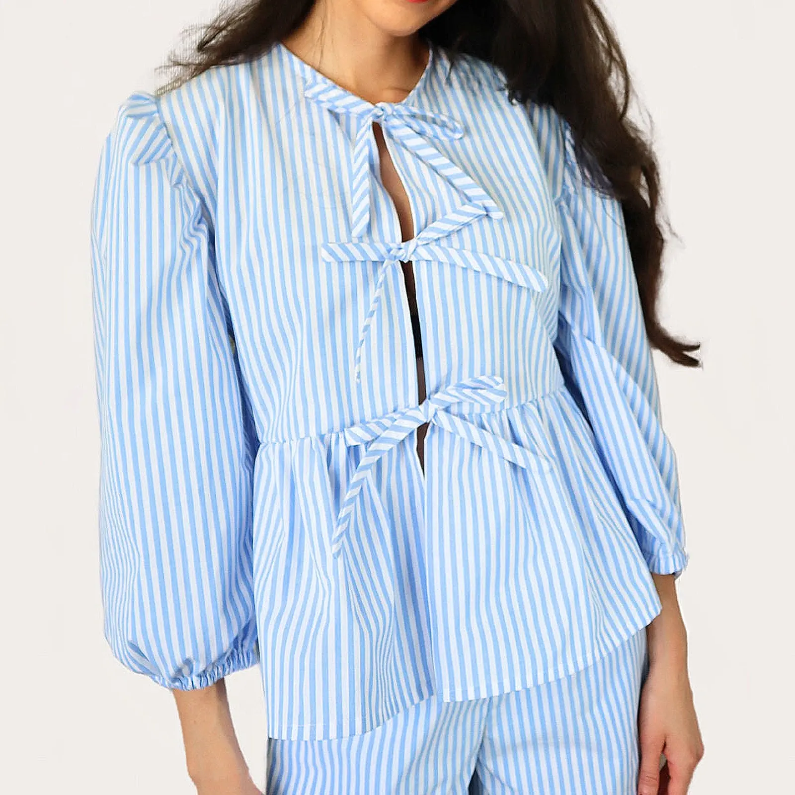 Women Shorts Set, 3/4 Sleeve Tie-up T-shirt with Elastic Waist Shorts Striped Summer Outfit