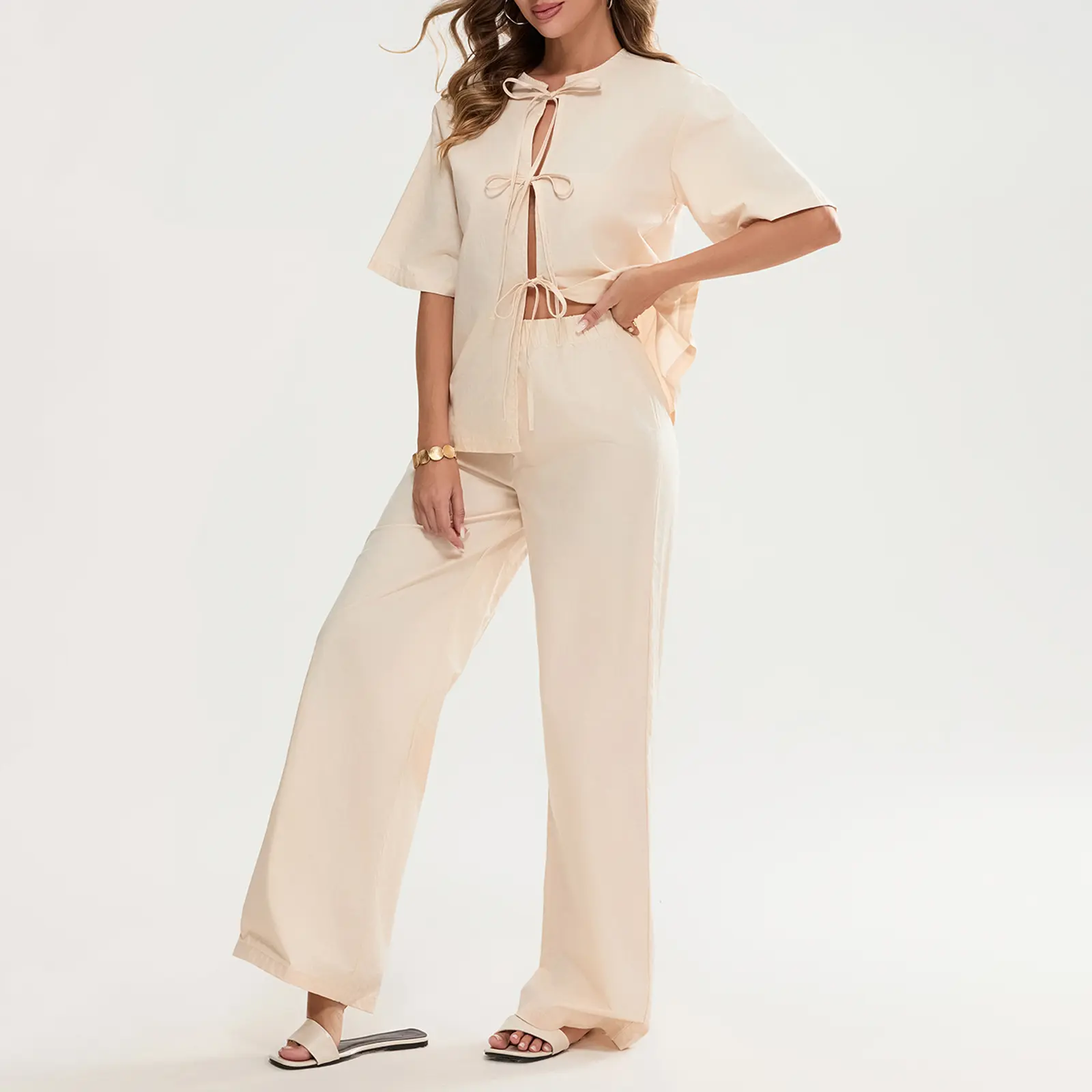 Women's 2 Piece Pajama Set Half Sleeve O Neck Tie Front Tops Wide Leg Pants Sleepwear