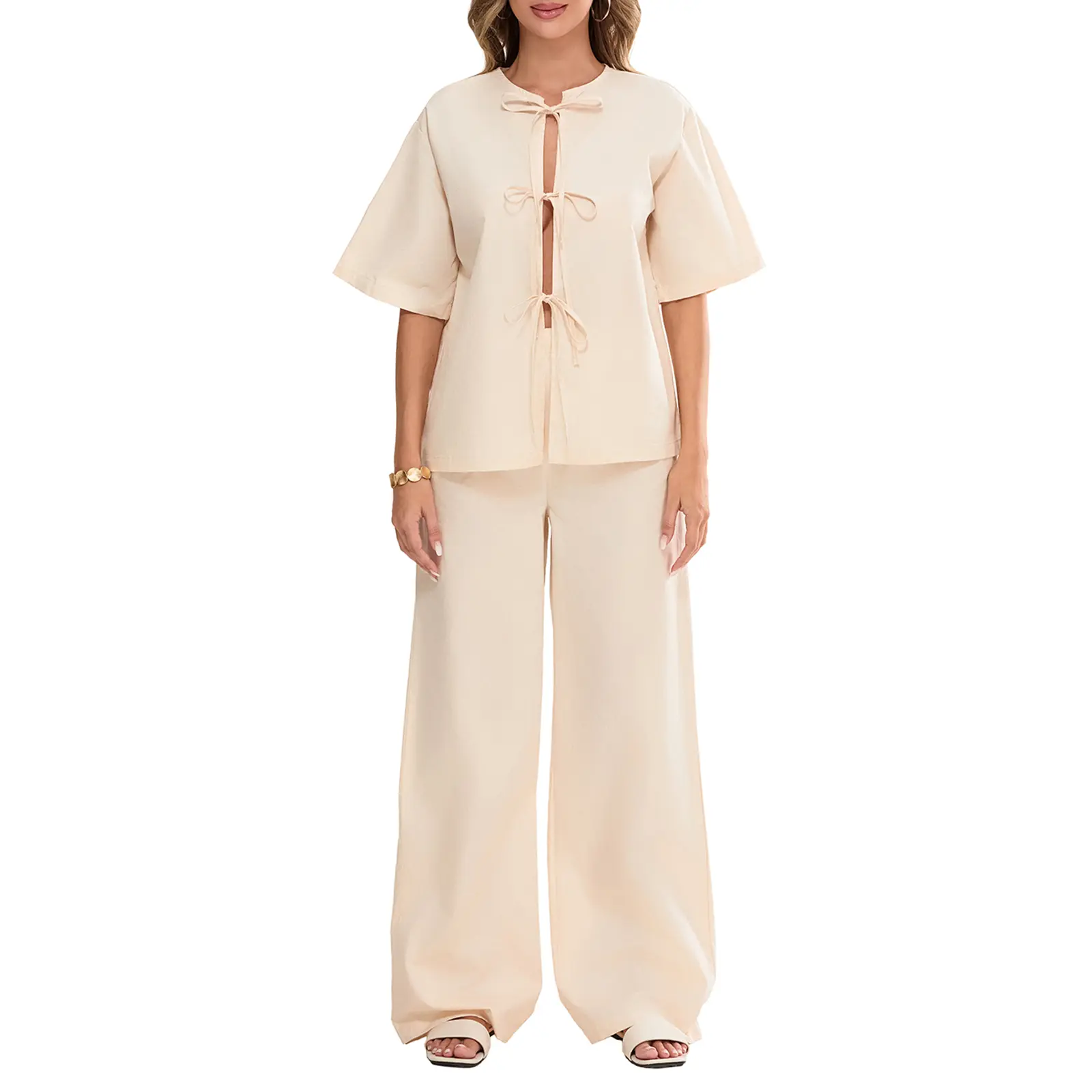 Women's 2 Piece Pajama Set Half Sleeve O Neck Tie Front Tops Wide Leg Pants Sleepwear