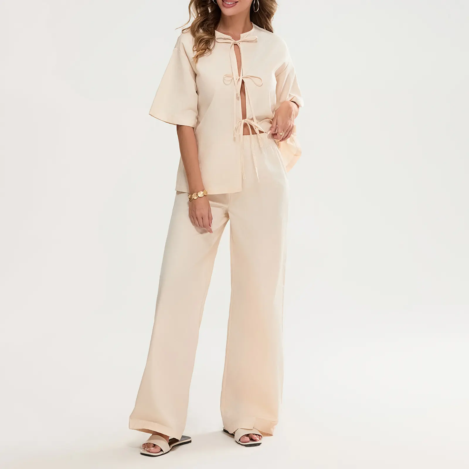 Women's 2 Piece Pajama Set Half Sleeve O Neck Tie Front Tops Wide Leg Pants Sleepwear