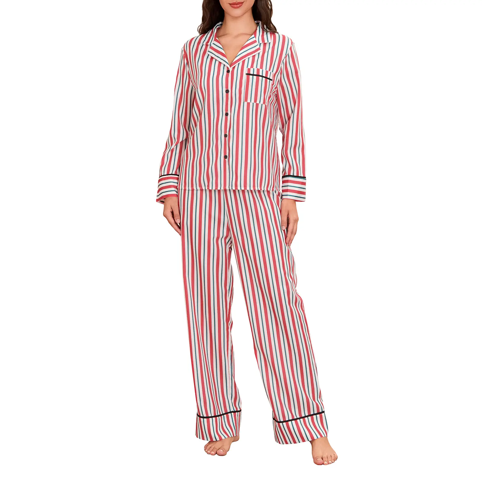 Women Christmas Pajama Set, Long Sleeve Shirt with Pants Striped Sleepwear Loungewear