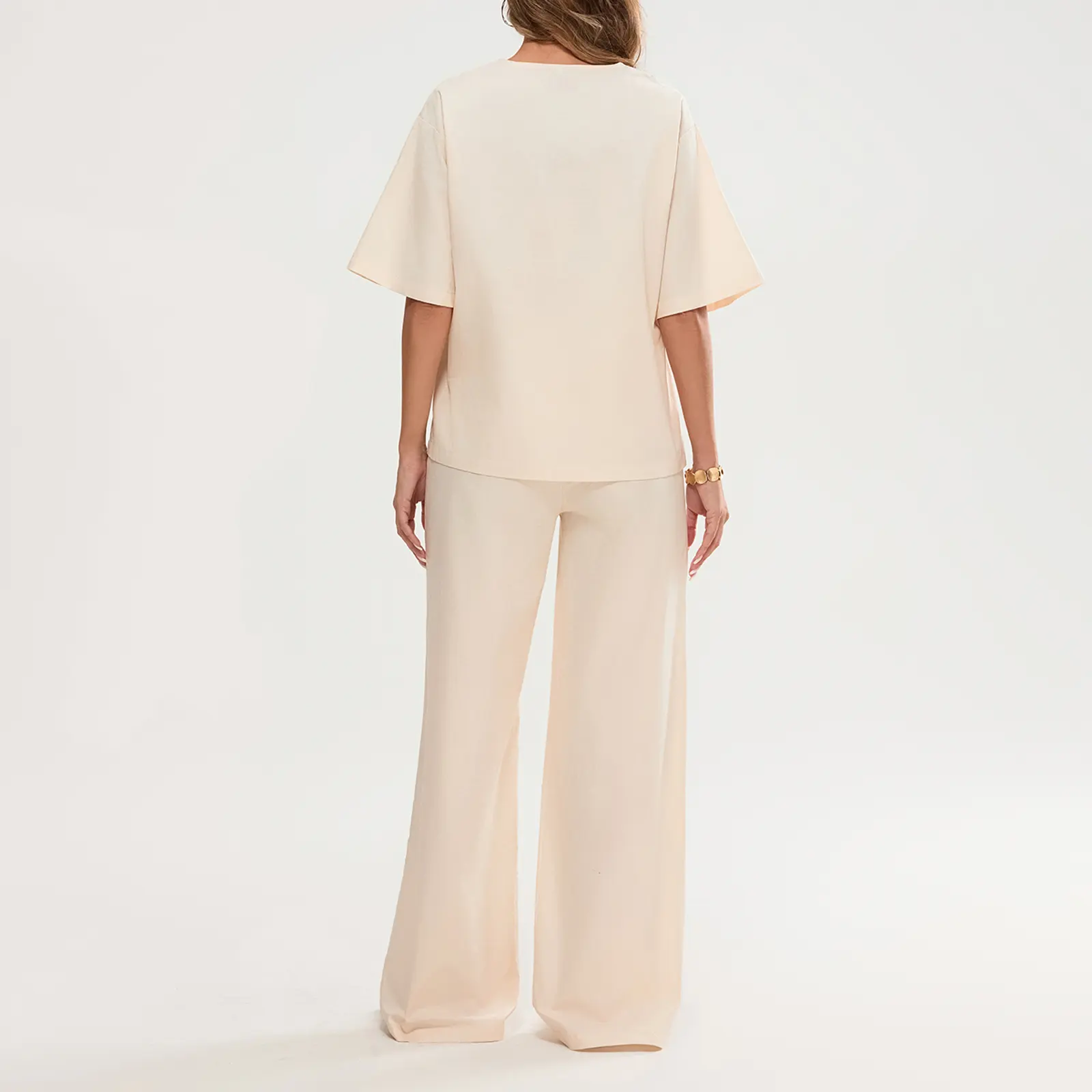 Women's 2 Piece Pajama Set Half Sleeve O Neck Tie Front Tops Wide Leg Pants Sleepwear