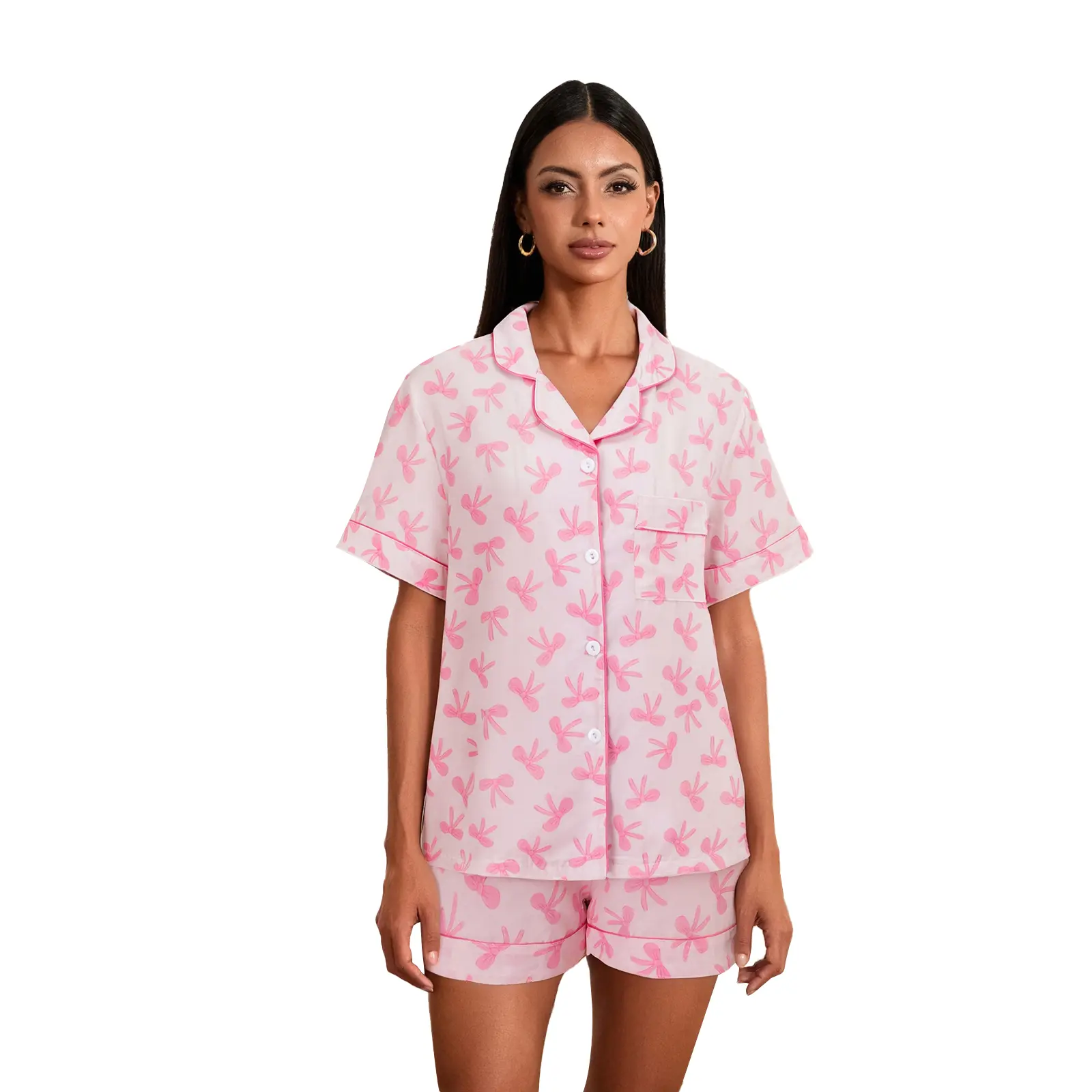 Mother Daughter Matching Pajamas Summer Cute Bow Print Short Sleeves Shirt and Elastic Shorts for Loungewear