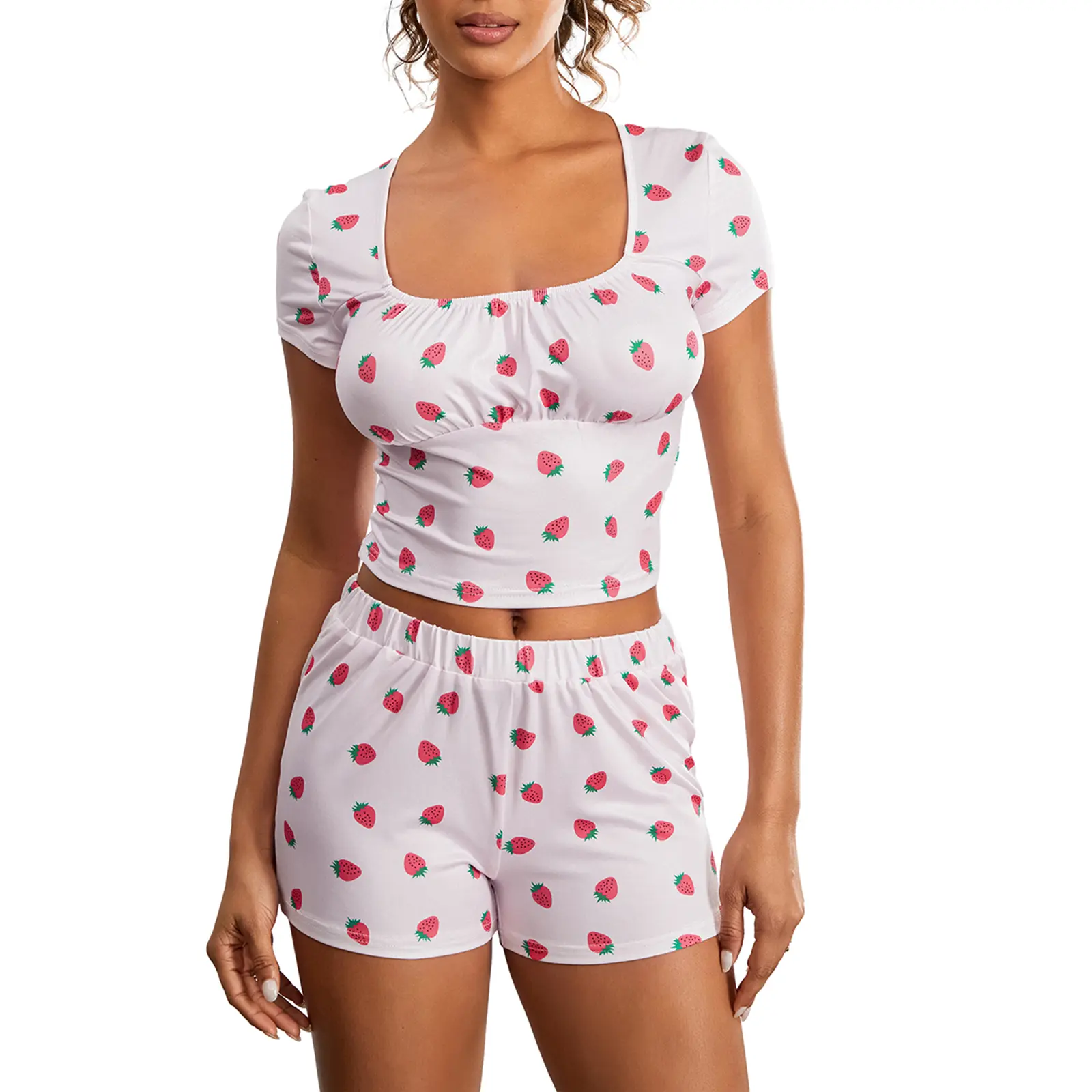 Women Pajama Set, Strawberry Print Short Sleeve Square Neck T-shirt with Shorts Sleepwear Loungewear