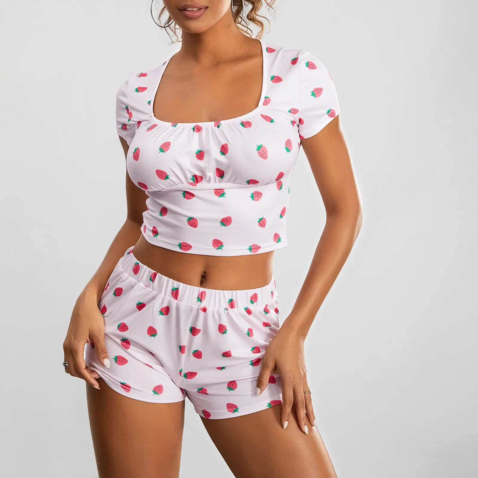 Women Pajama Set, Strawberry Print Short Sleeve Square Neck T-shirt with Shorts Sleepwear Loungewear