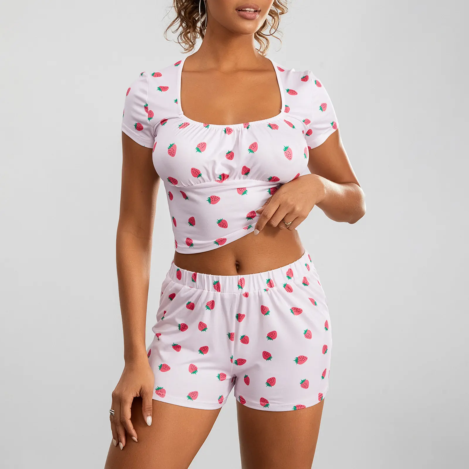 Women Pajama Set, Strawberry Print Short Sleeve Square Neck T-shirt with Shorts Sleepwear Loungewear