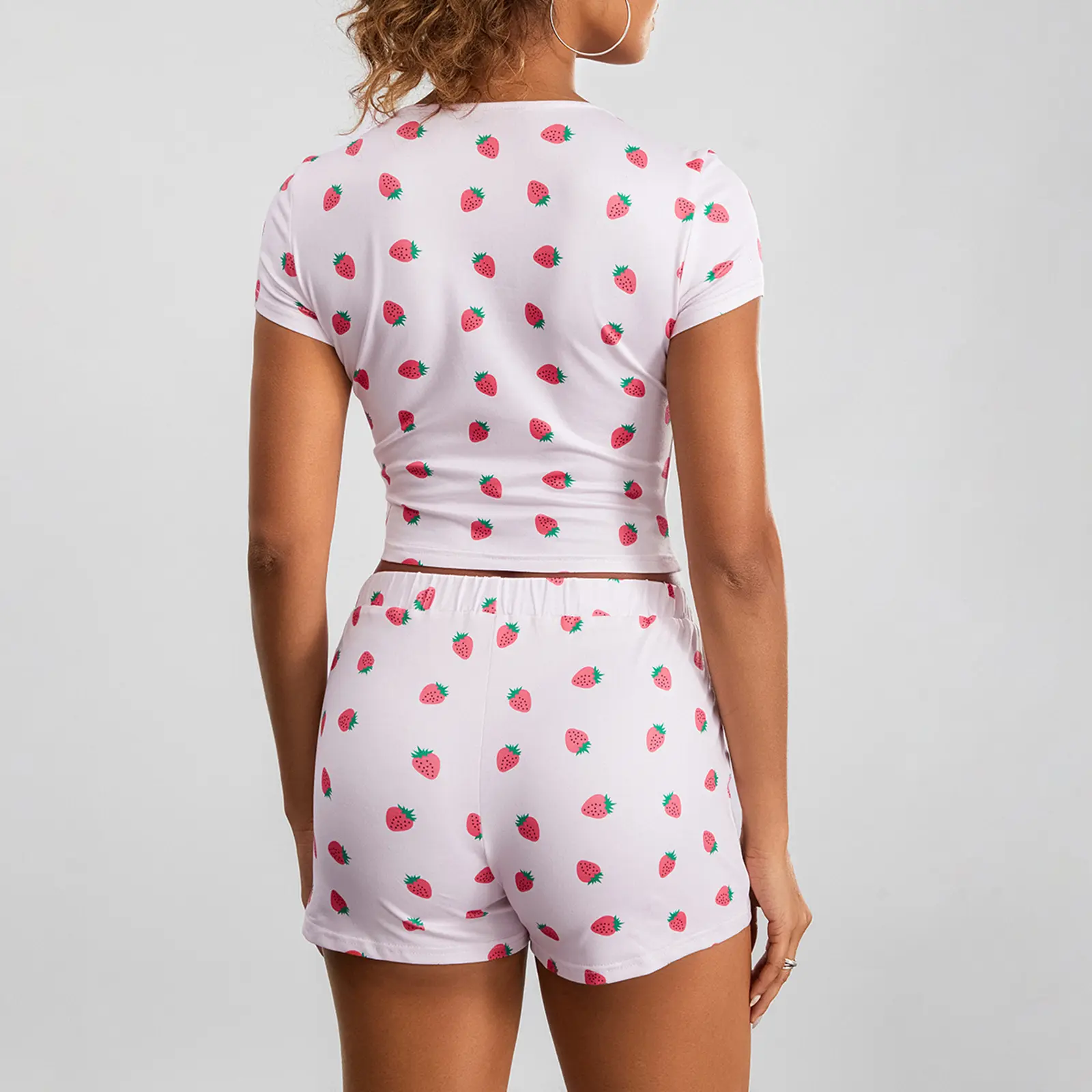 Women Pajama Set, Strawberry Print Short Sleeve Square Neck T-shirt with Shorts Sleepwear Loungewear