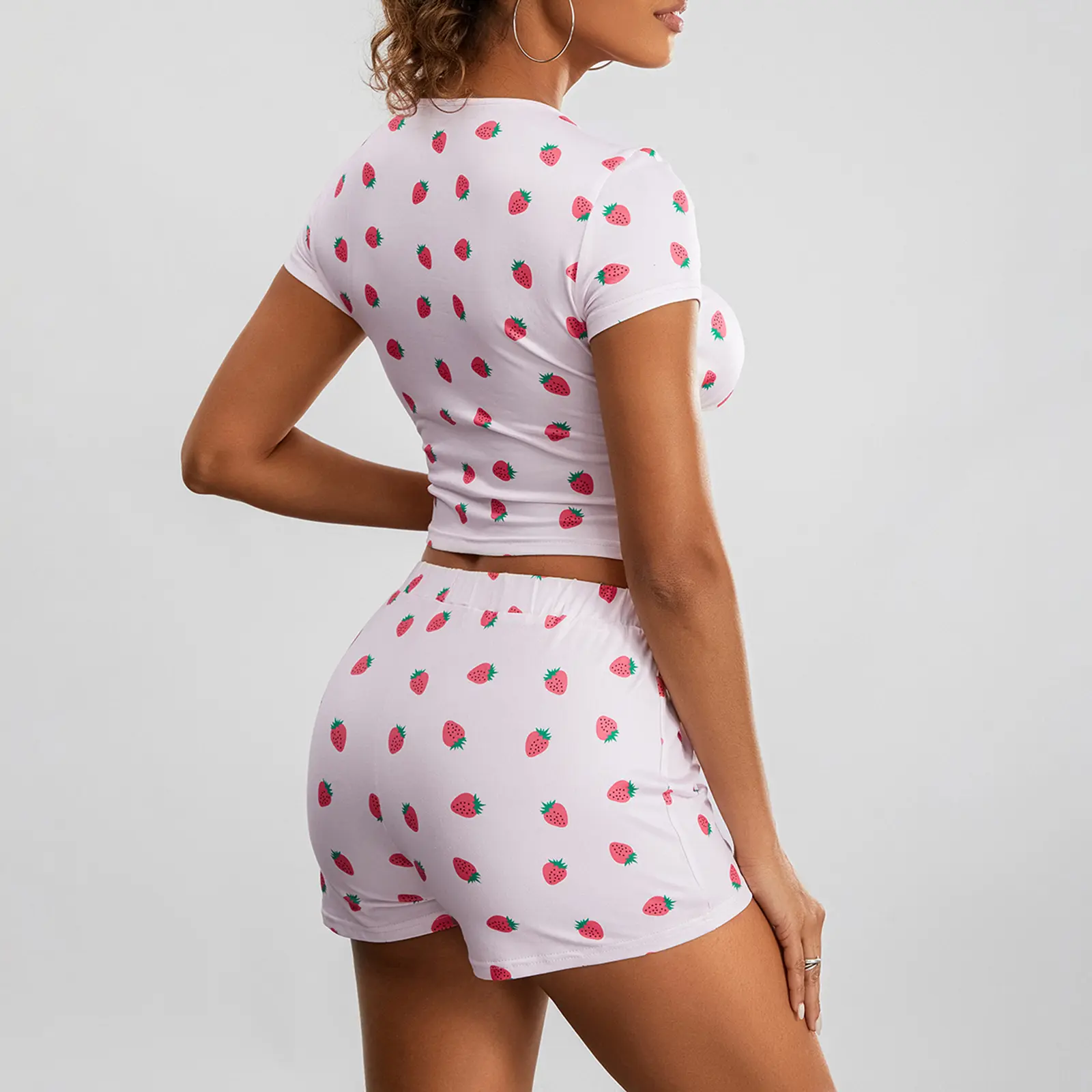 Women Pajama Set, Strawberry Print Short Sleeve Square Neck T-shirt with Shorts Sleepwear Loungewear