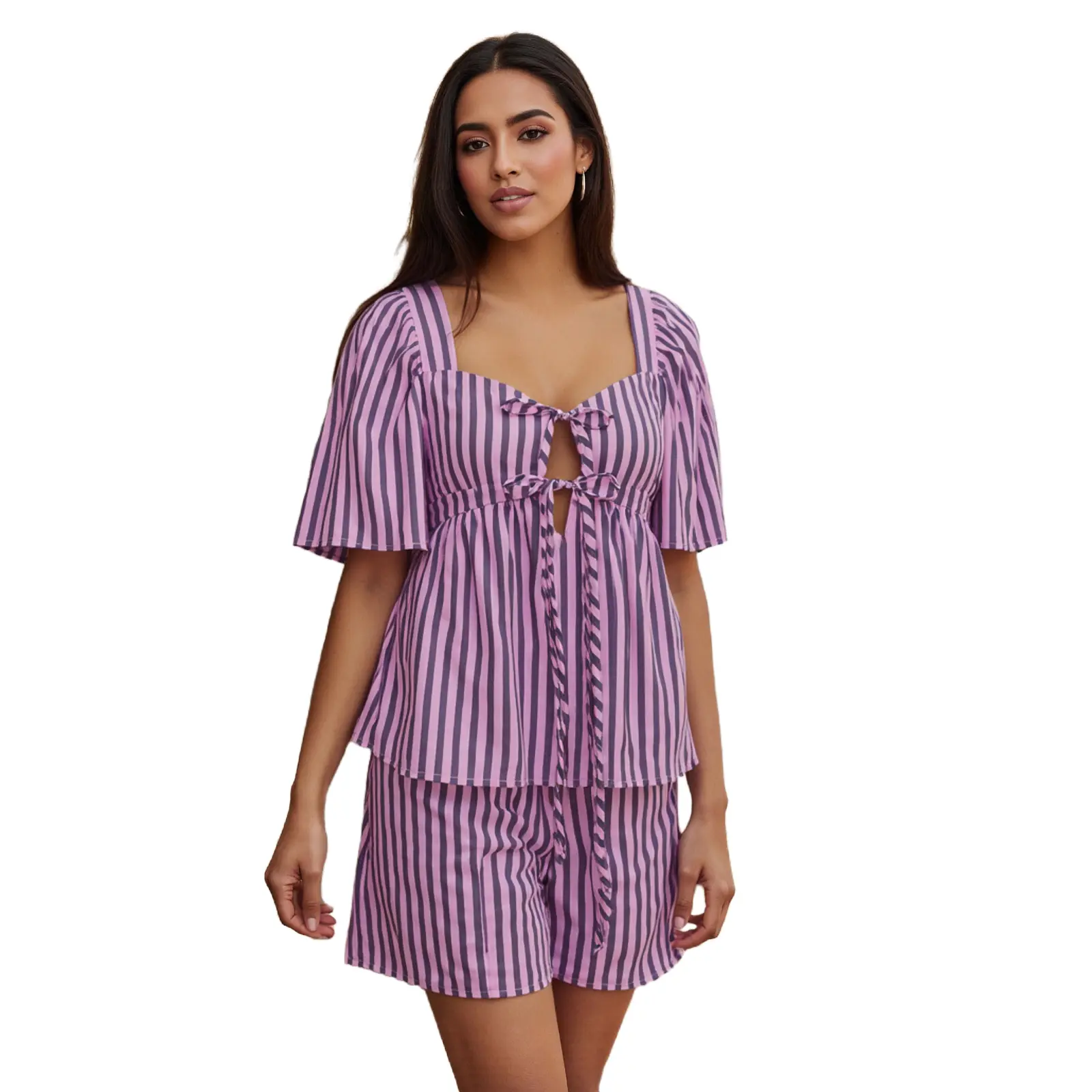 Women’s Two Piece Pajamas Set Short Sleeve Stripes Print Tops and Shorts Loungewear