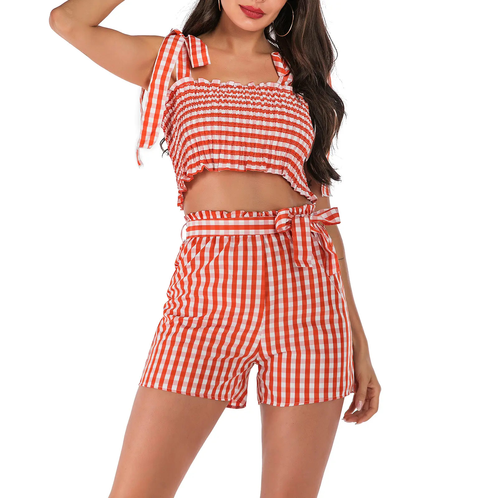 Women Plaid 2-piece Outfit, Tie-up Pleated Camisole with Belted Shorts Summer Outfit