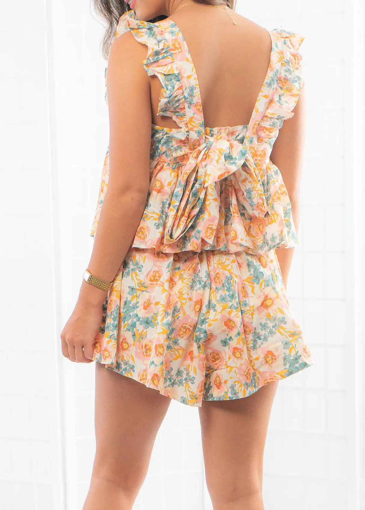 Women's Pajamas Set Loose Fit Stylish Floral Print Ruffled Trim Square Neck Sleeveless Tops with Shorts Lounge Wear 2 Pcs Set