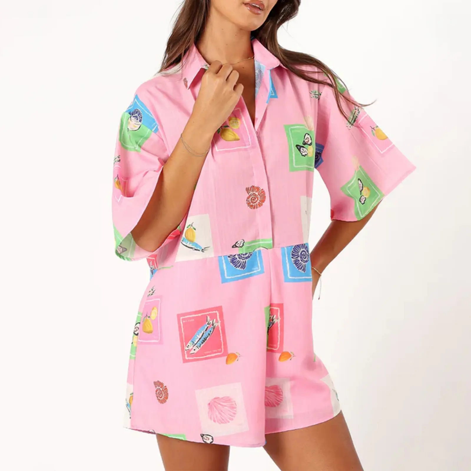 Women Summer Pajamas Jumpsuit Fashion Print Short Sleeves Lounge Rompers with Belt for Soft Sleepwear