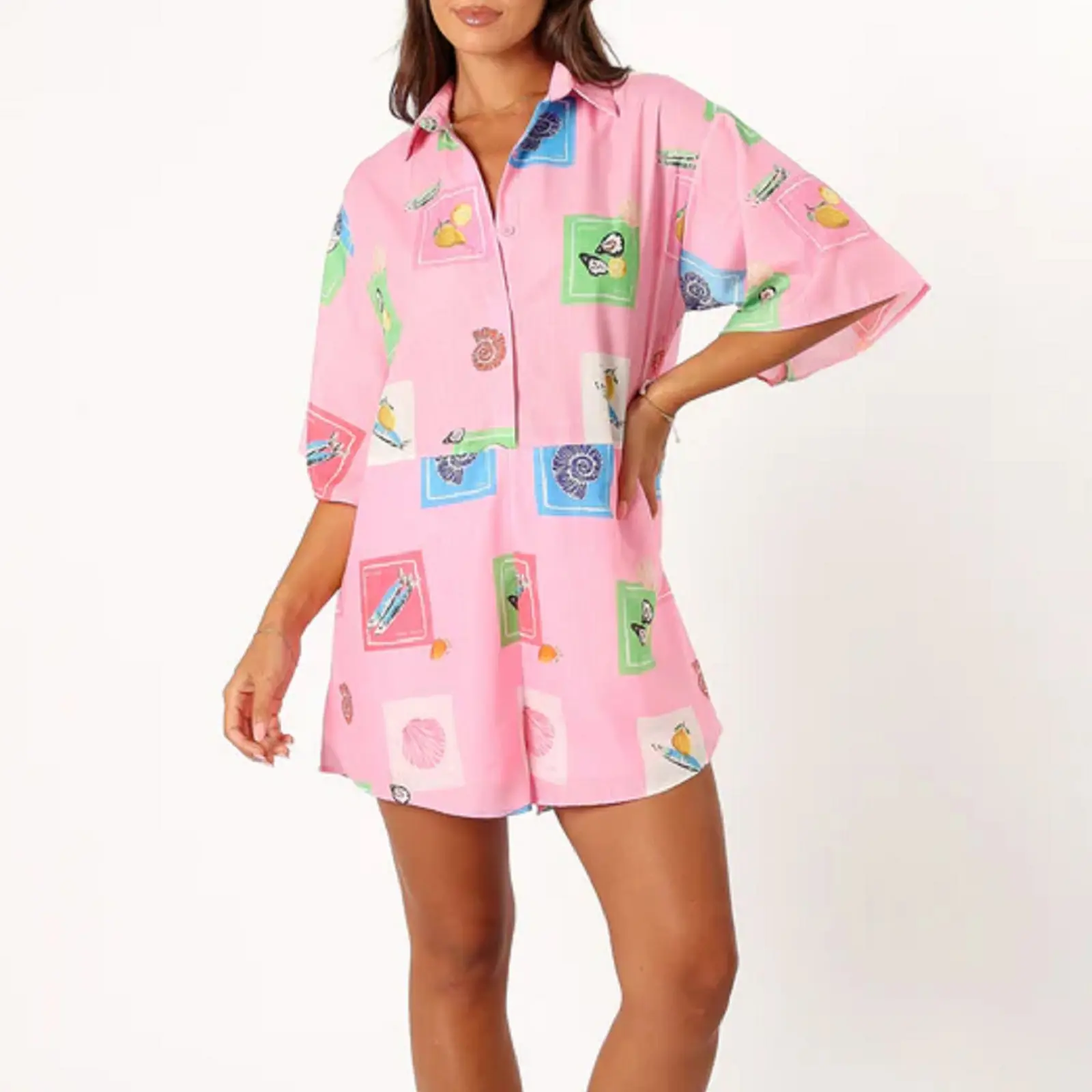 Women Summer Pajamas Jumpsuit Fashion Print Short Sleeves Lounge Rompers with Belt for Soft Sleepwear