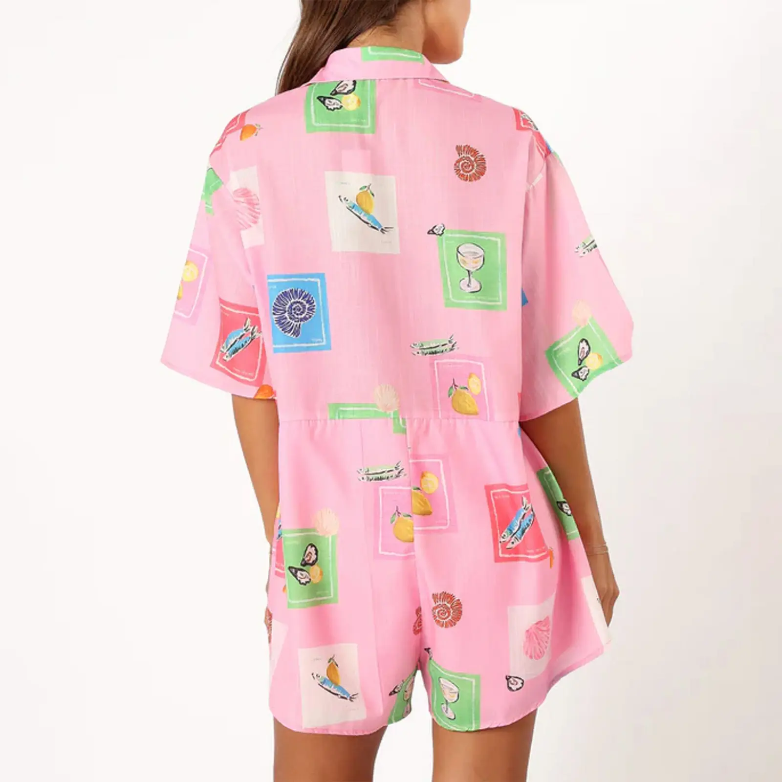 Women Summer Pajamas Jumpsuit Fashion Print Short Sleeves Lounge Rompers with Belt for Soft Sleepwear