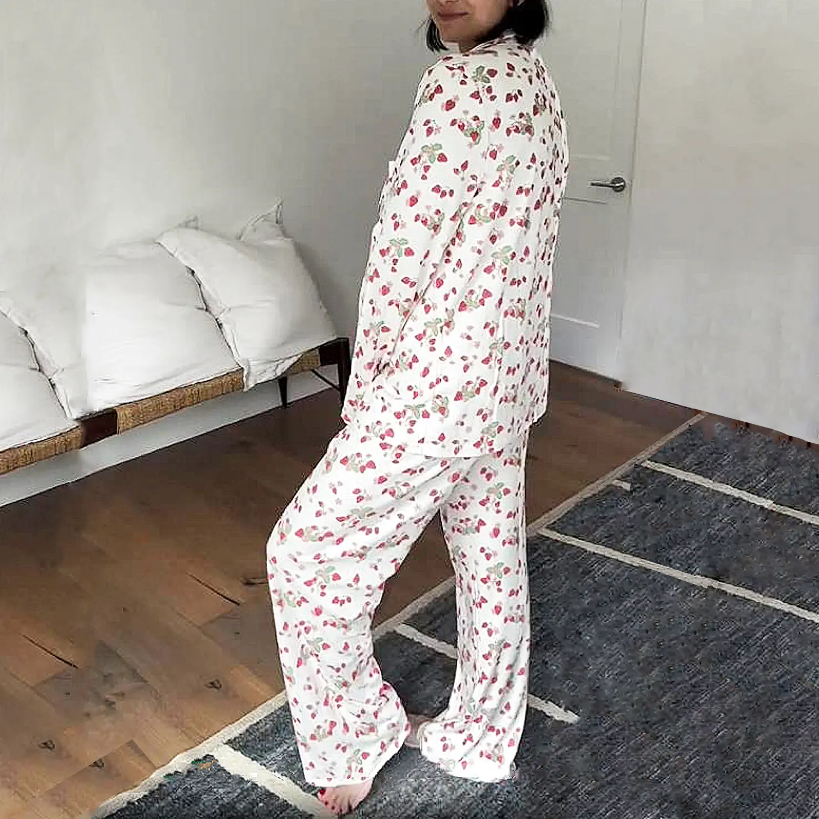Women's Pajama Set, Strawberry Print Long Sleeve Button Down Tops Elastic Waist Long Pants 2 Piece Set