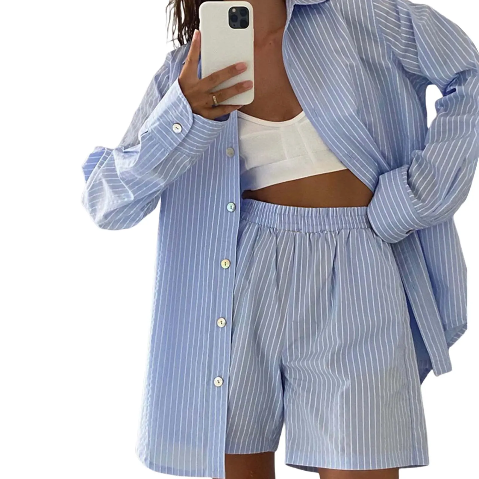Women's Long-Sleeved Lapel Pocket Single-breasted Striped Print Loose New Fashion Casual Top Shorts 2-piece Set