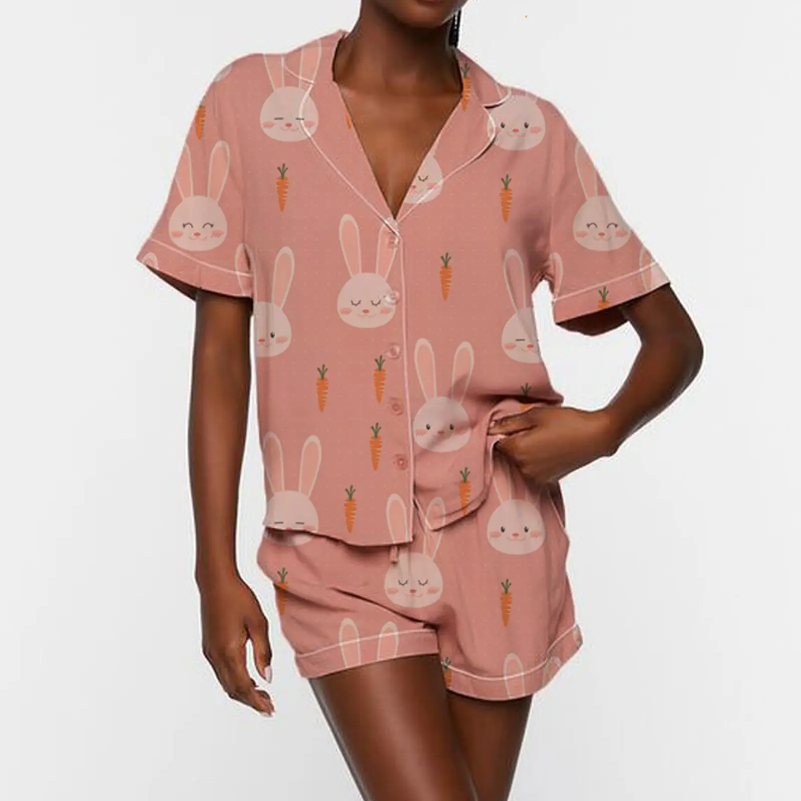 Women's Loungewear Set Rabbit/Carrot Print Short Sleeve Lapel Button T-Shirt with Elastic Waist Shorts Sleepwear